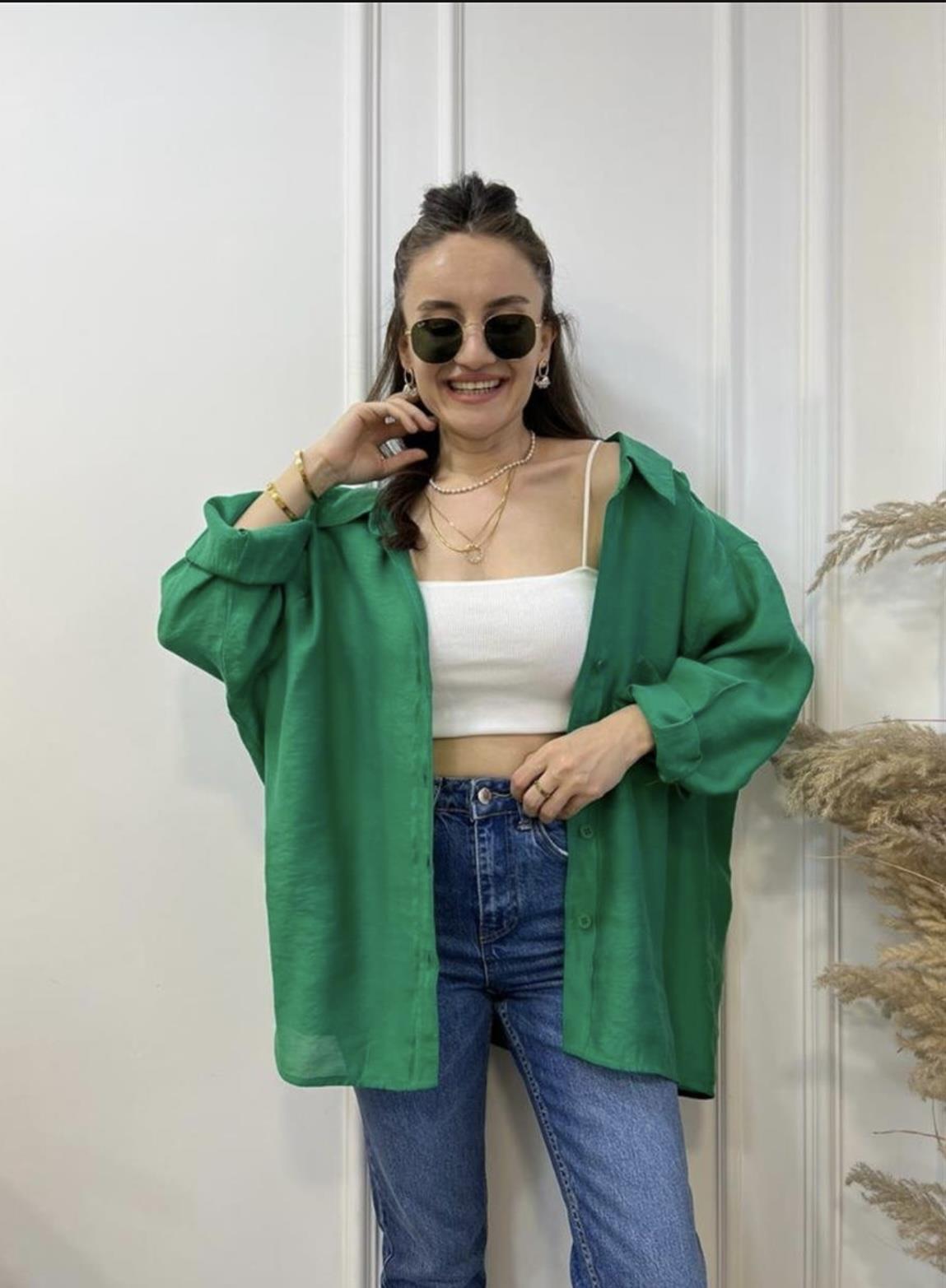Yeşil Lüx Kalite Oversize Gömlek 4612