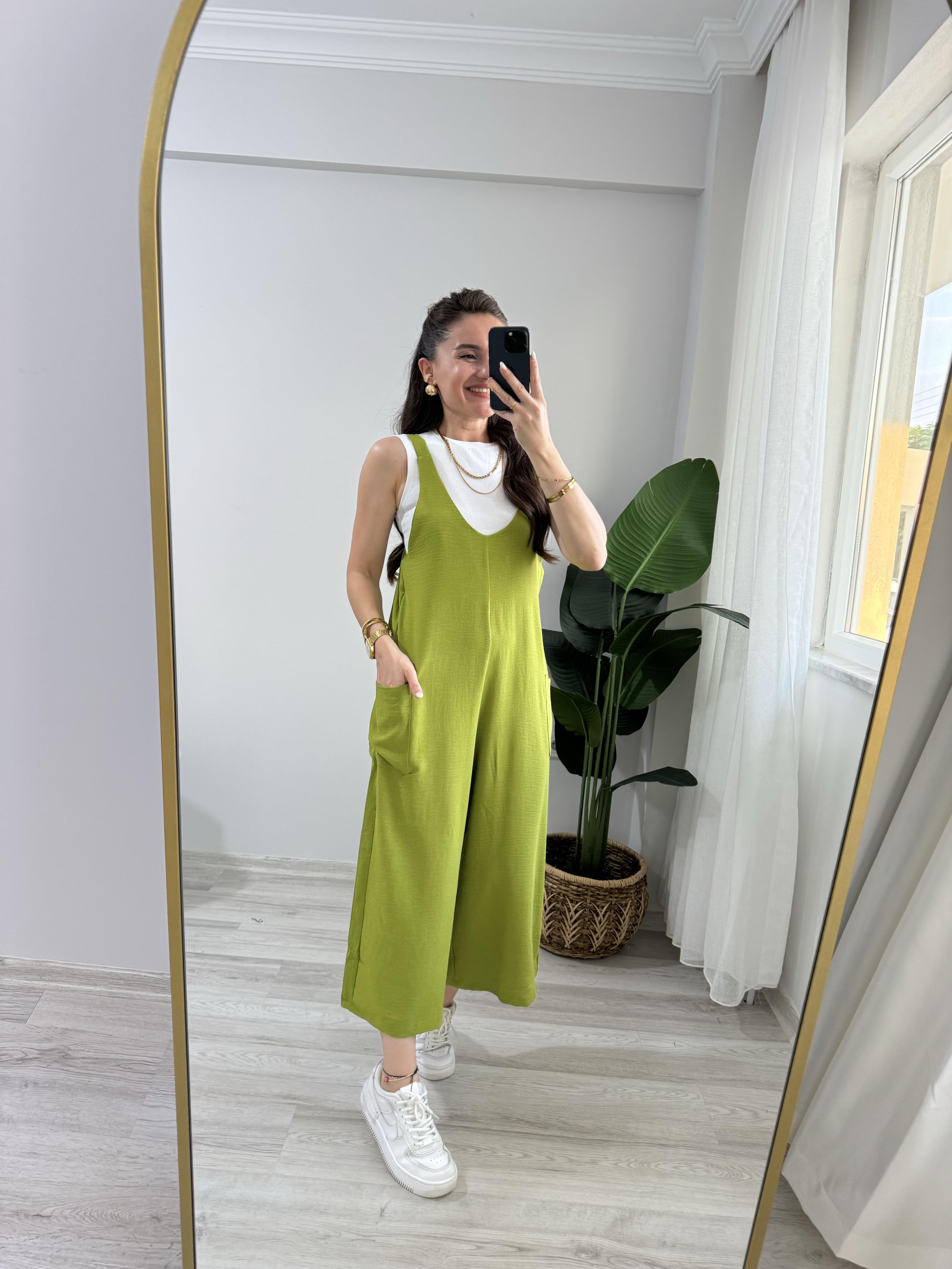 Yeşil Sırttan Bağlamalı Cepli Salopet Tulum 1907