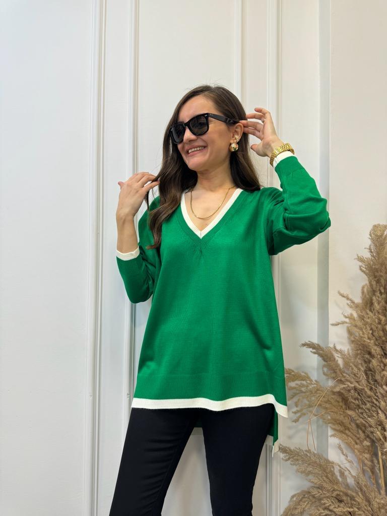 Yeşil V Yaka Beyaz Şeritli Triko Bluz 3743