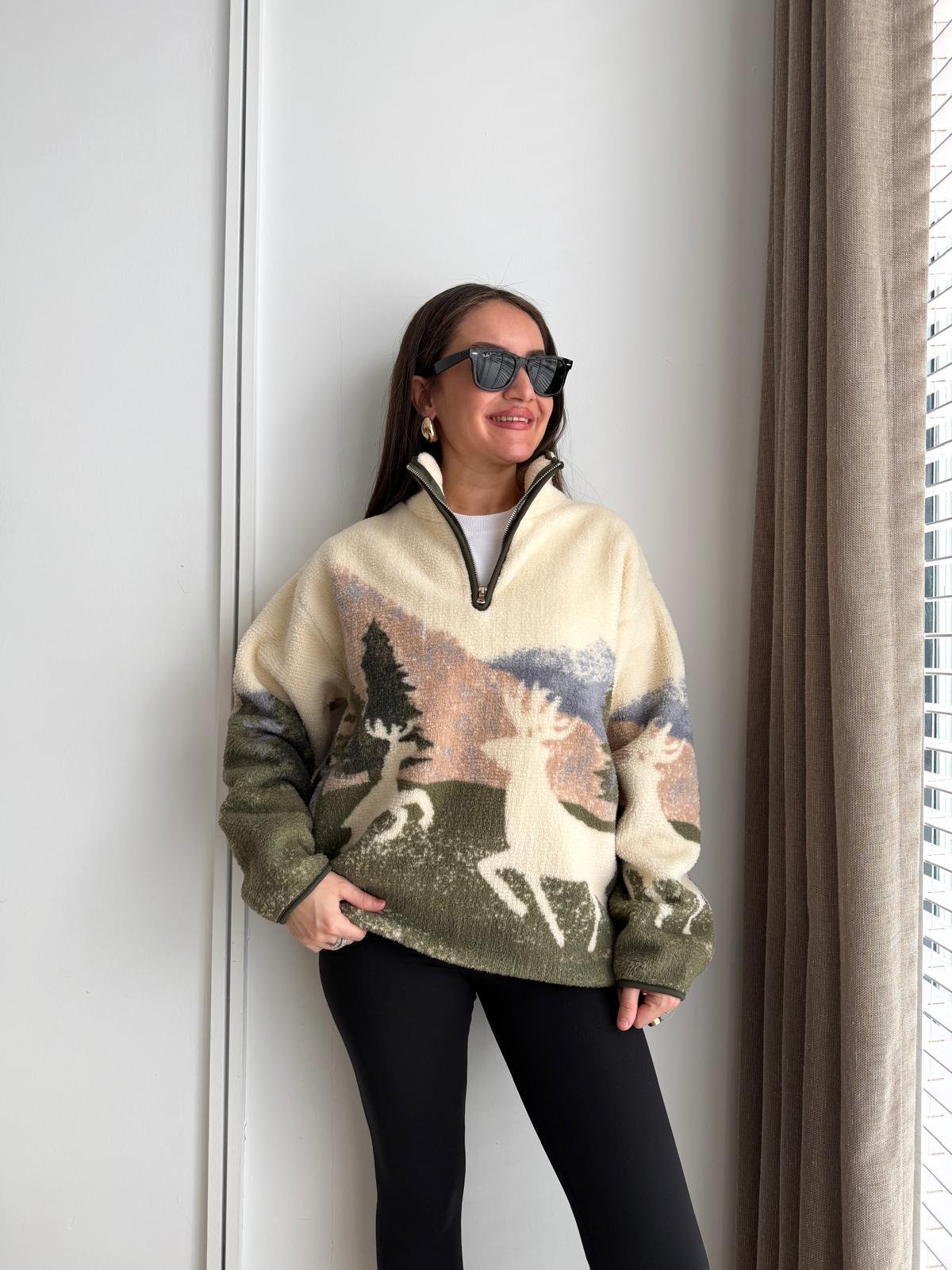 Yeşil Yarım Fermuarlı Desenli Peluş Sweet 22833