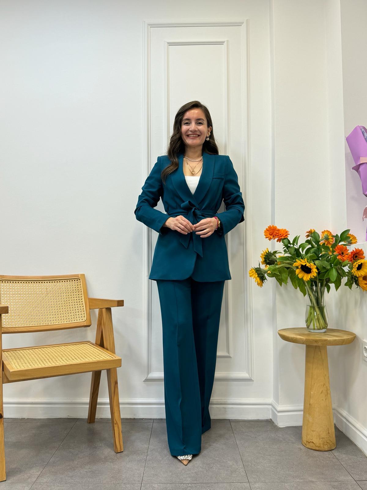 Zümrütyeşili Kuşaklı Blazer Pantolon Takım 3058