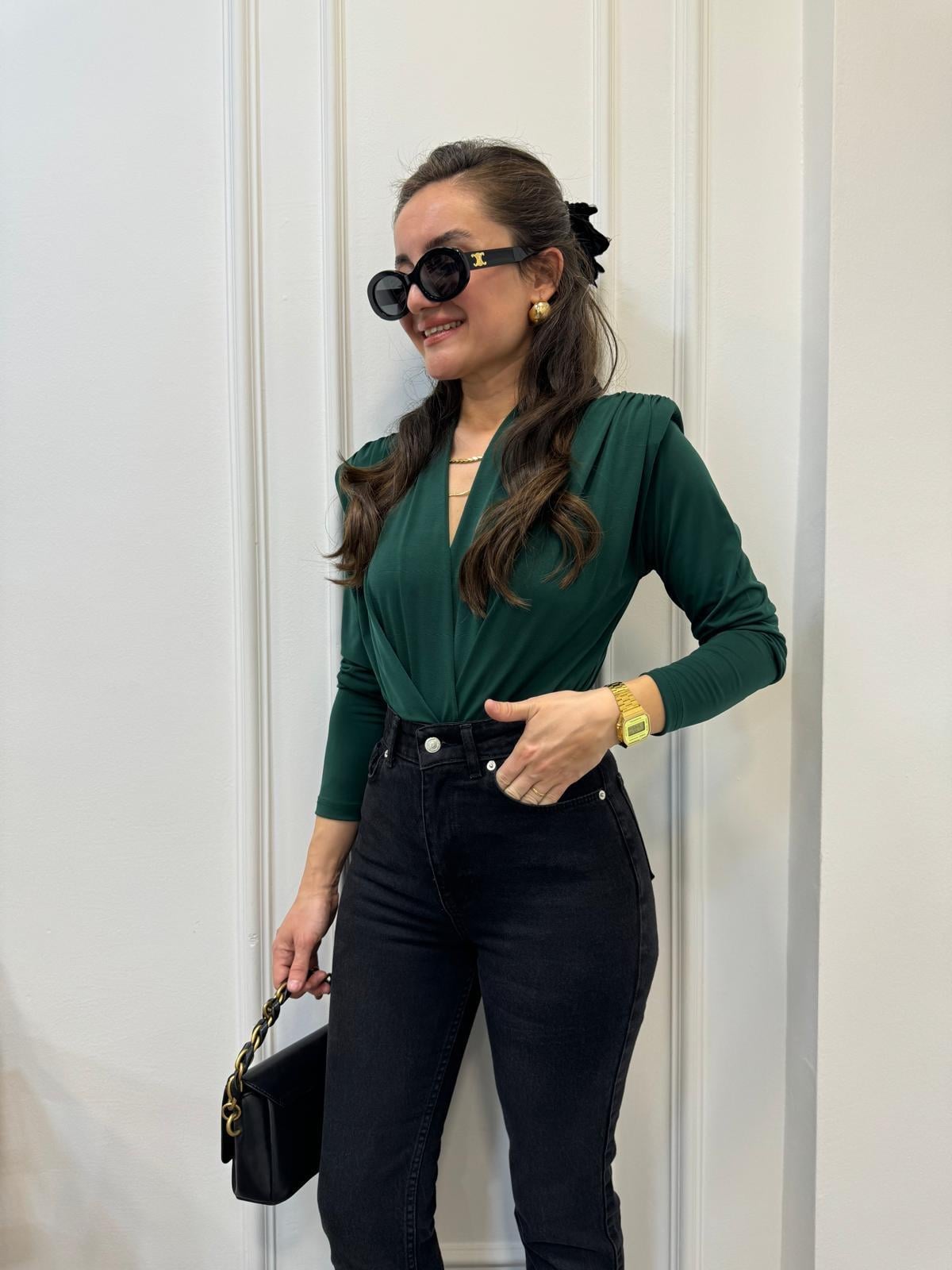 Zümrütyeşili Vatkalı Kruvaze Yaka Bodysuit 6001