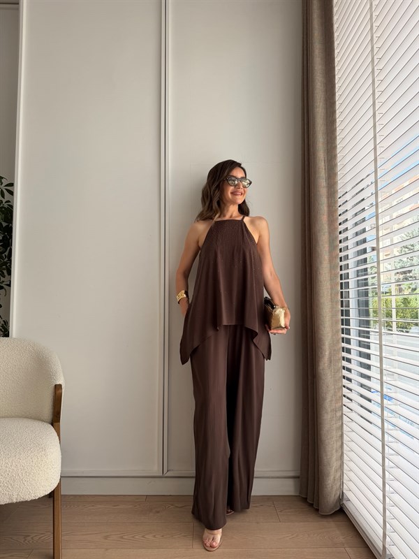 Kahve Rengi Askılı Taşlı Tensel Tulum 3464