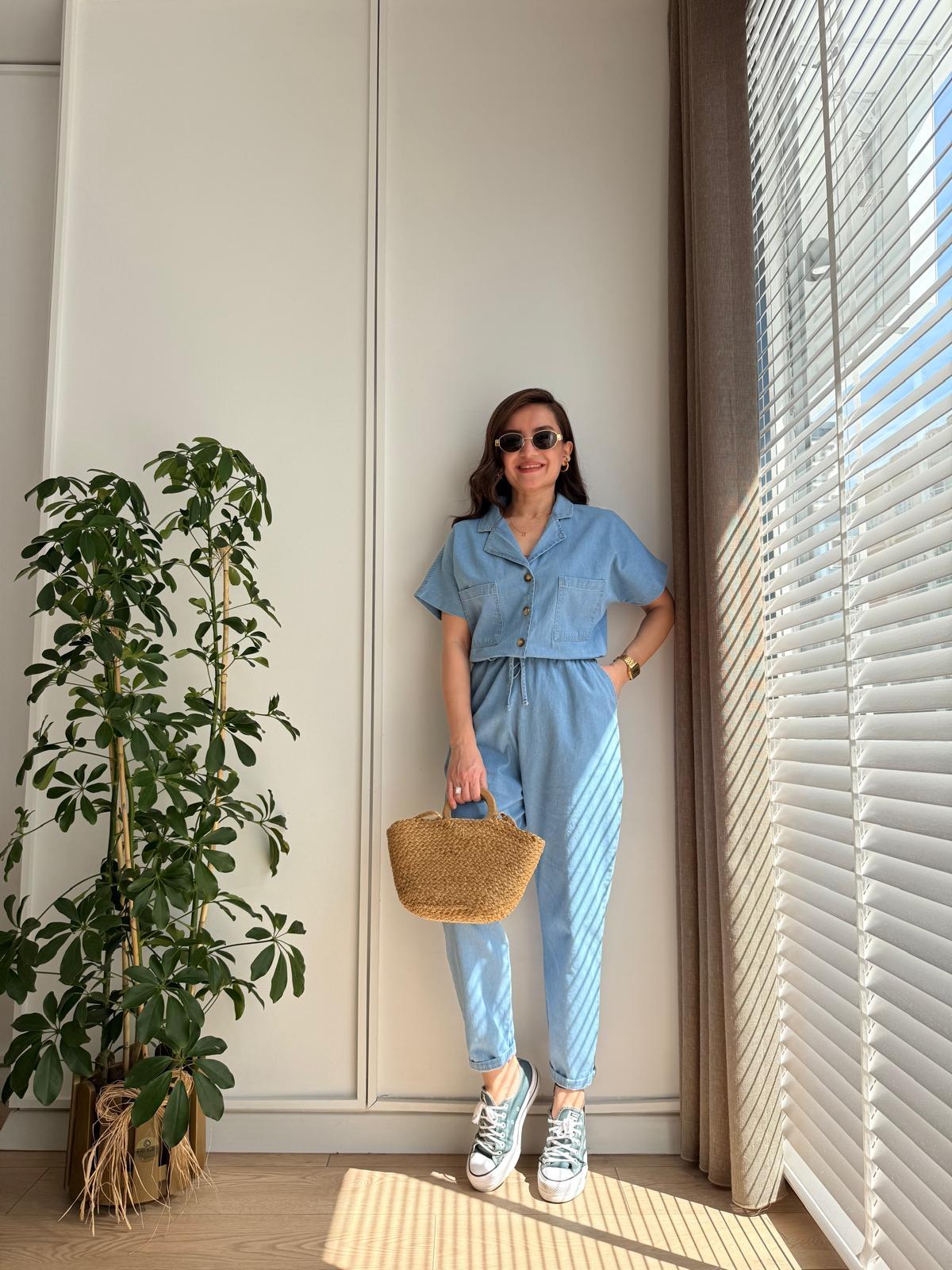 Açık mavi Bel Lastikli Yarım Kol Denim Tulum 071