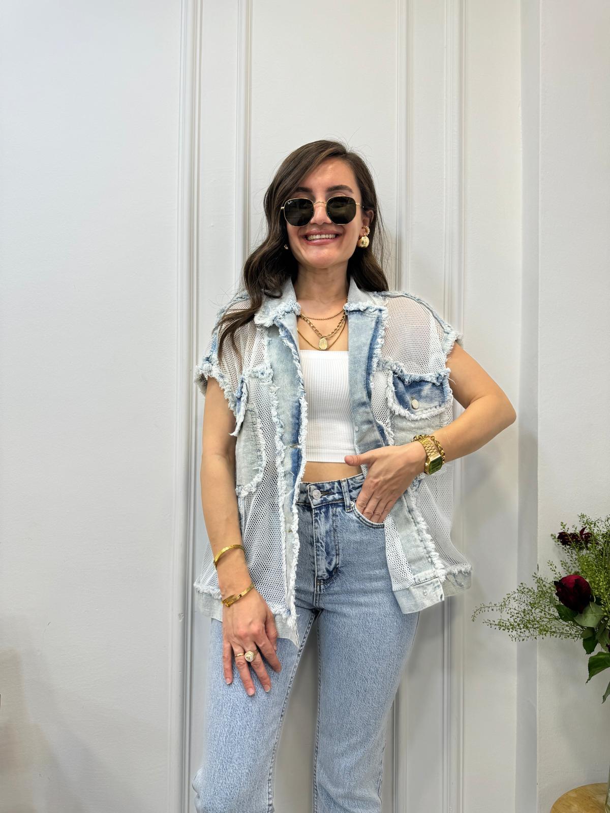 Açık mavi File Detaylı Jean Yelek 1499