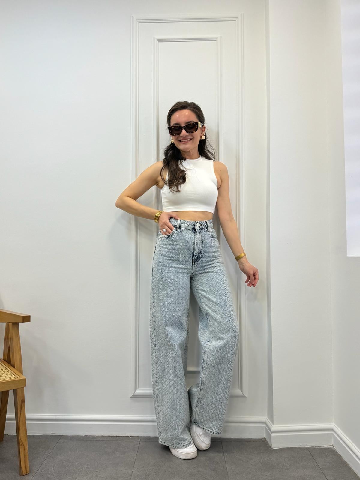 Açık mavi Kendinden Desenli Bol Paça Jean 0540