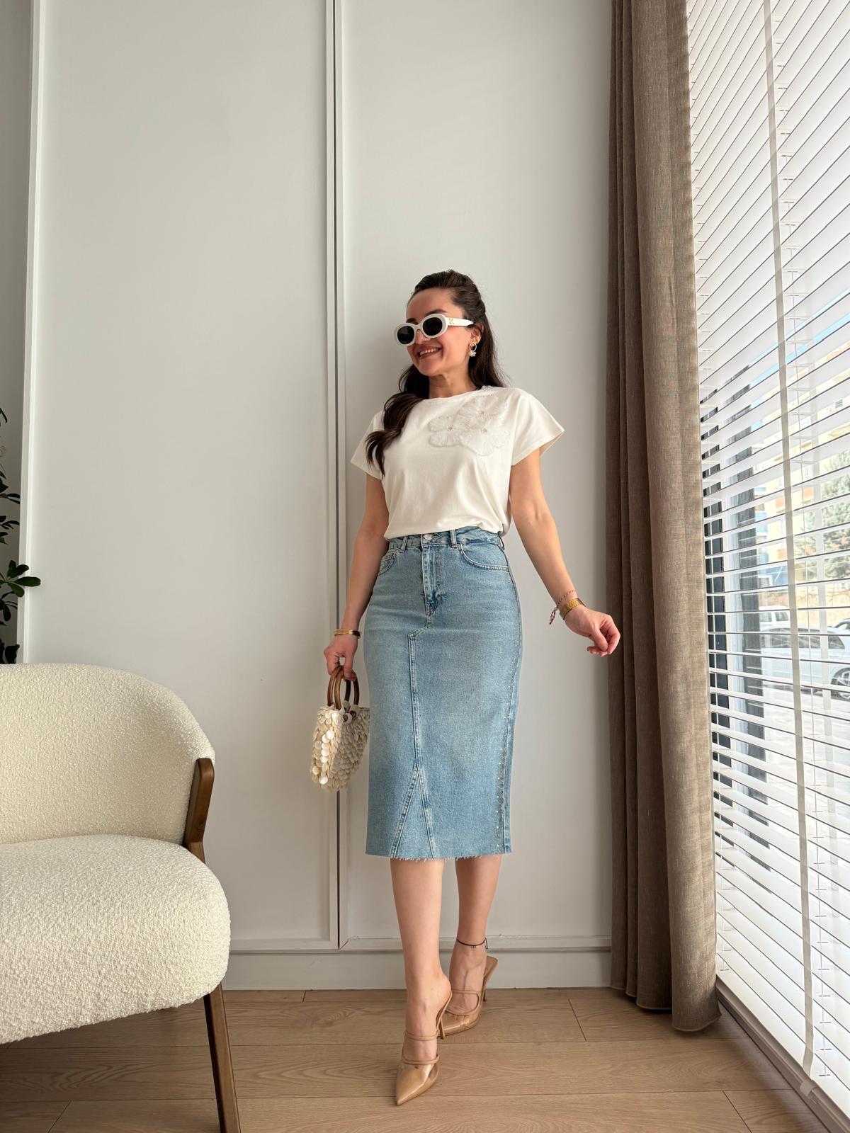 Açık mavi Taş Detaylı Cepli Denim Etek 1073