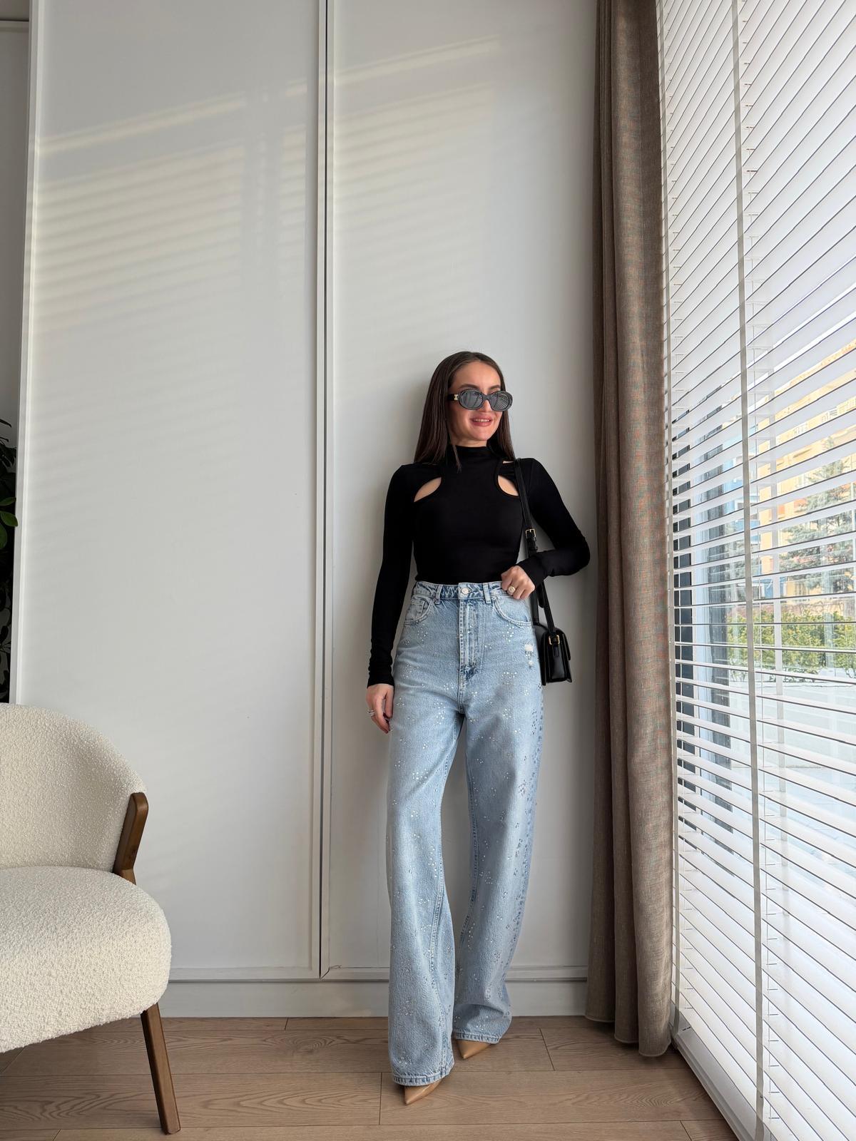 Açık mavi Taşlı Wide Leg Jean 8188