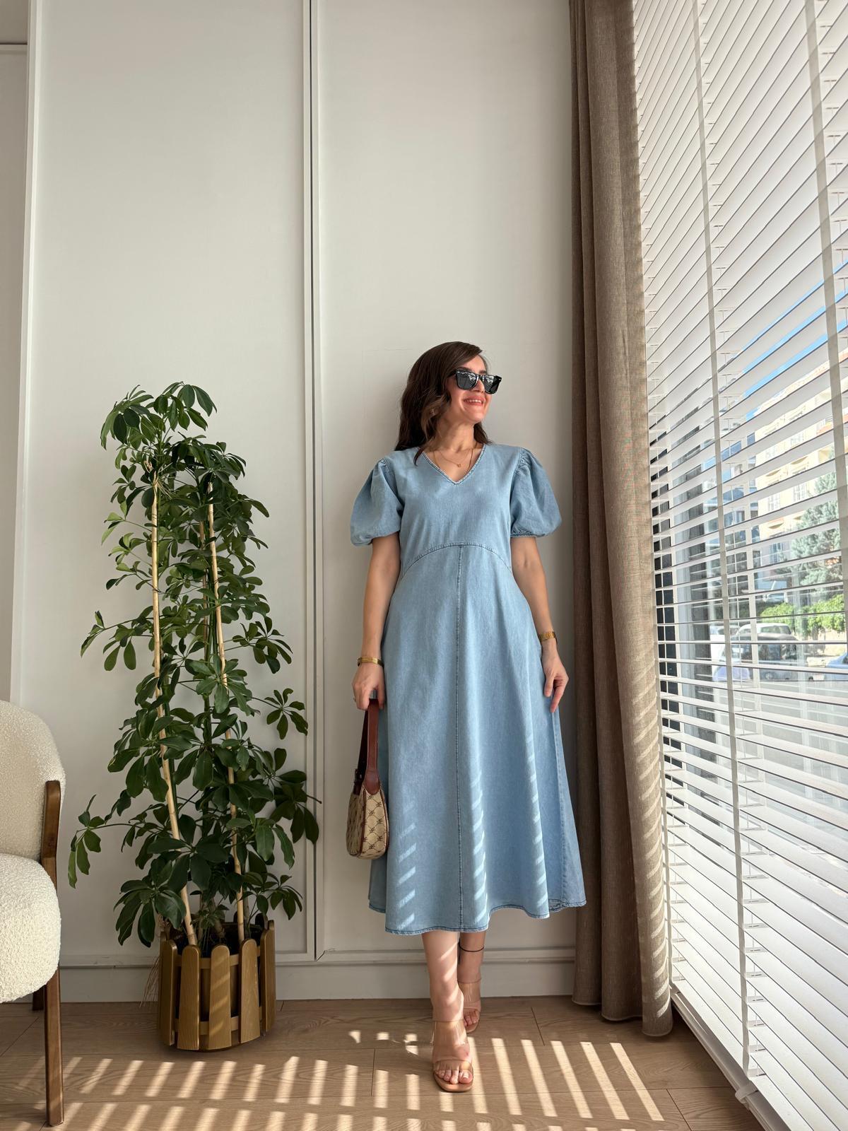 Açık mavi V Yaka Balon Kol Denim Elbise 2129