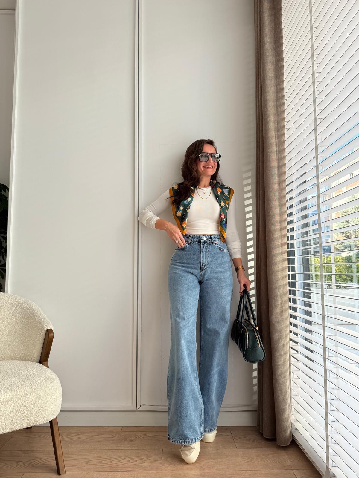 Açık mavi Yüksek Bel Geniş Paça Jean Pantolon 0278