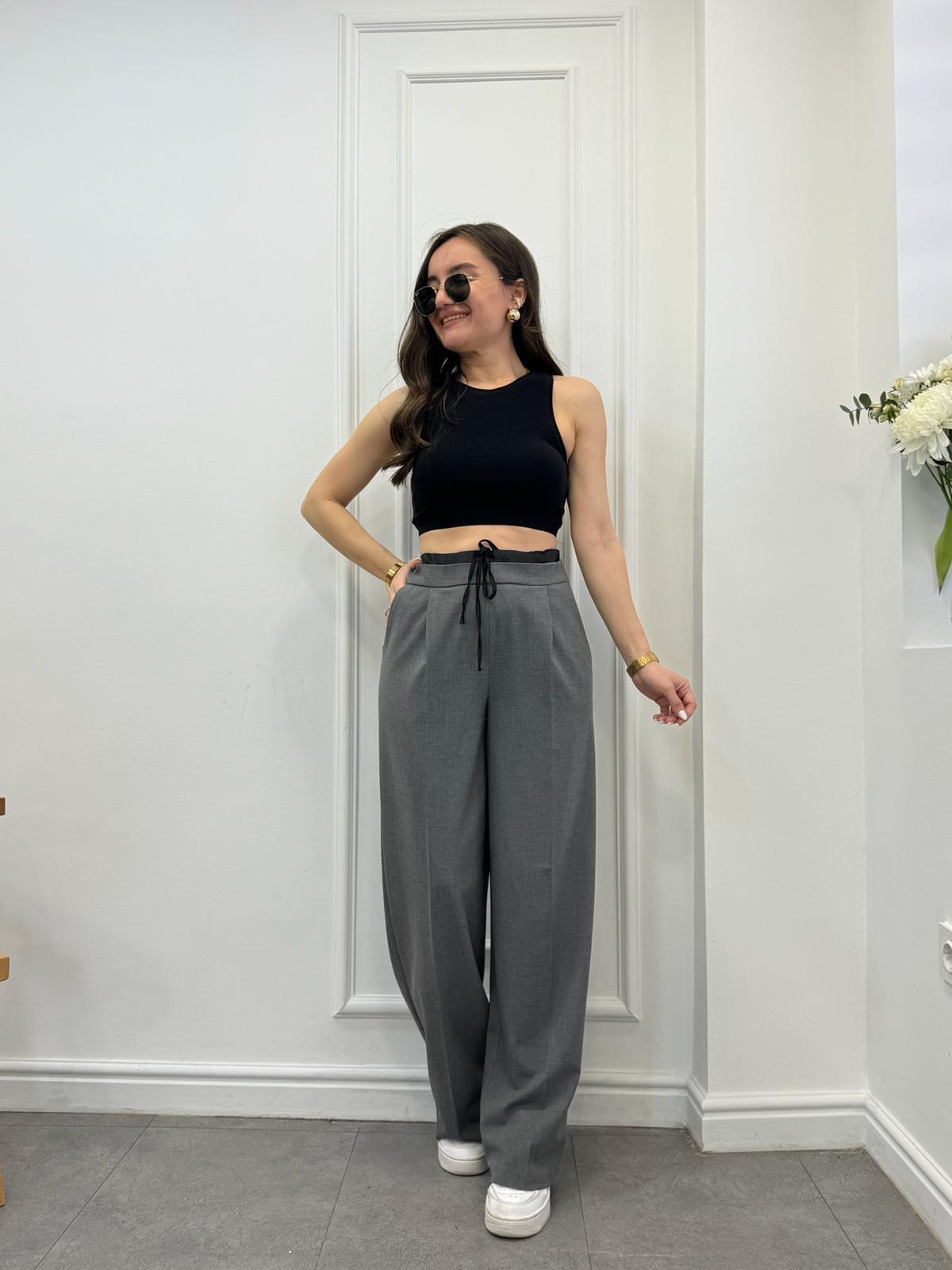 Antrasit Bel Büzgü Detaylı Palazzo Pantolon 2031