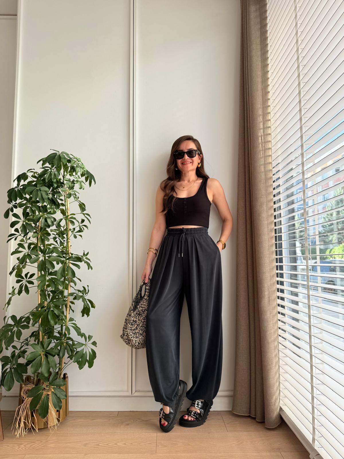 Antrasit Beli Lastikli Pileli Şalvar 0322