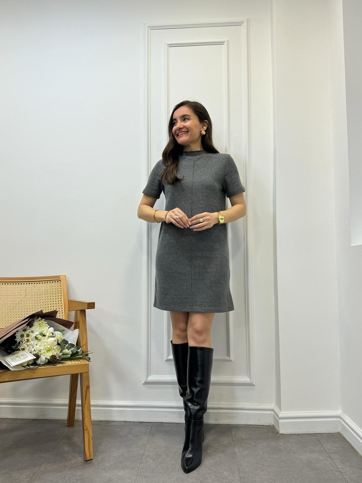 Antrasit Bisiklet Yaka Ön Şerit Detaylı Elbise 0810