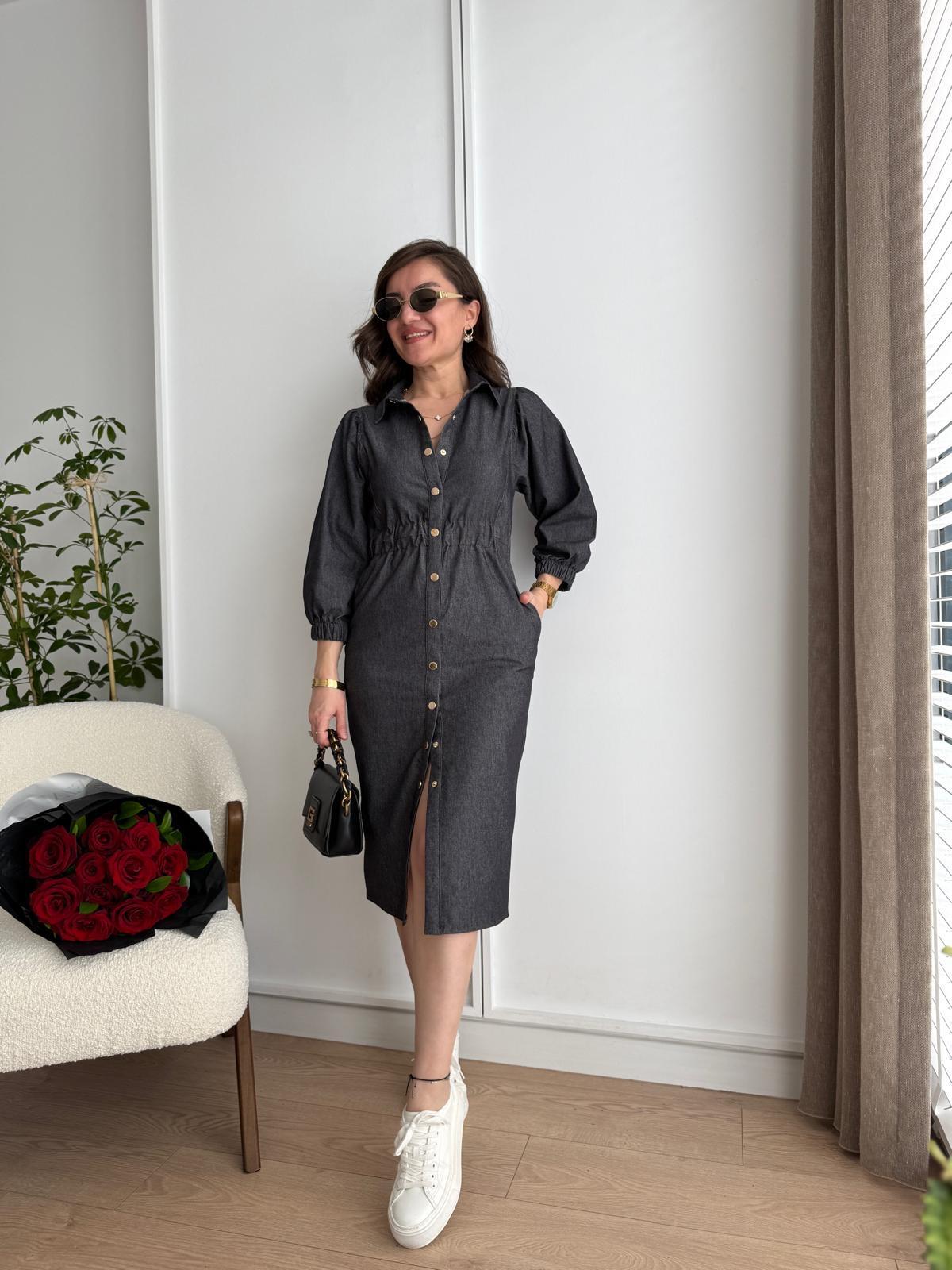 Antrasit Çıtçıt Düğmeli Bel Lastikli Kot Gömlek Elbise 1014