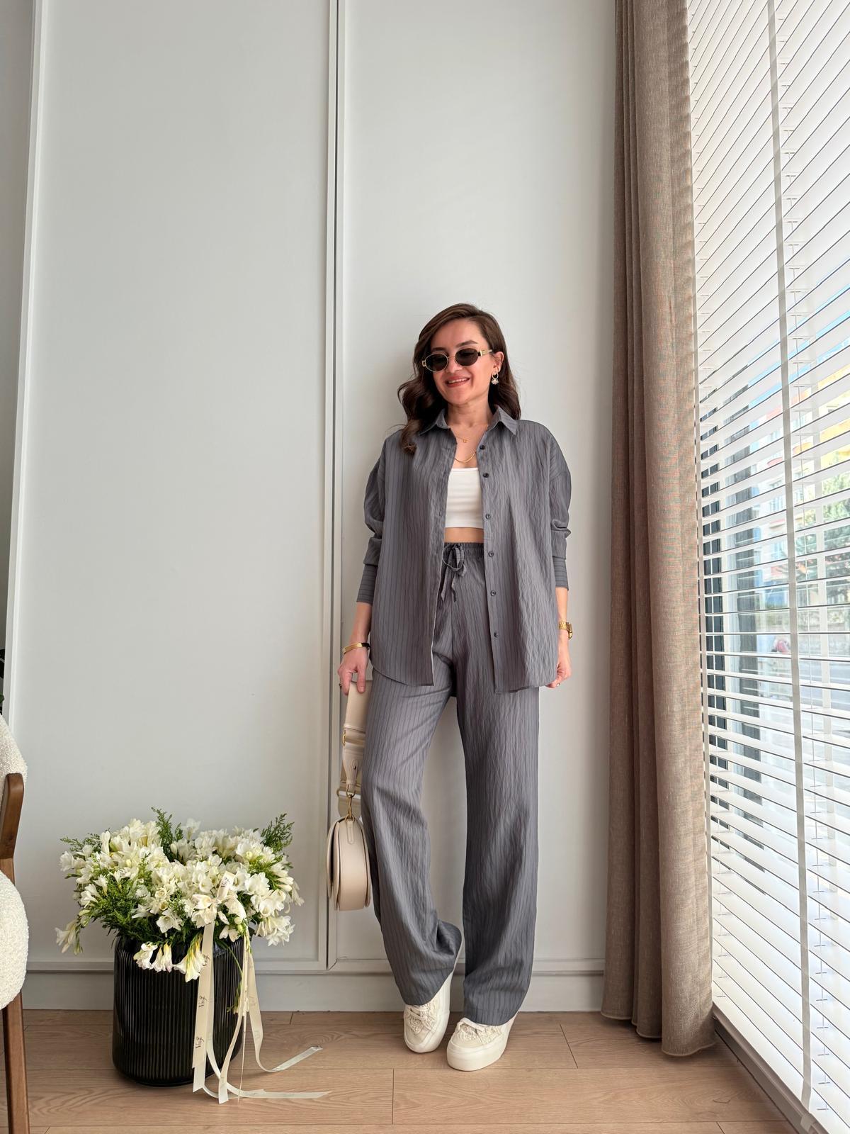 Antrasit Çizgili Gömlek Pantolon Takım 00173