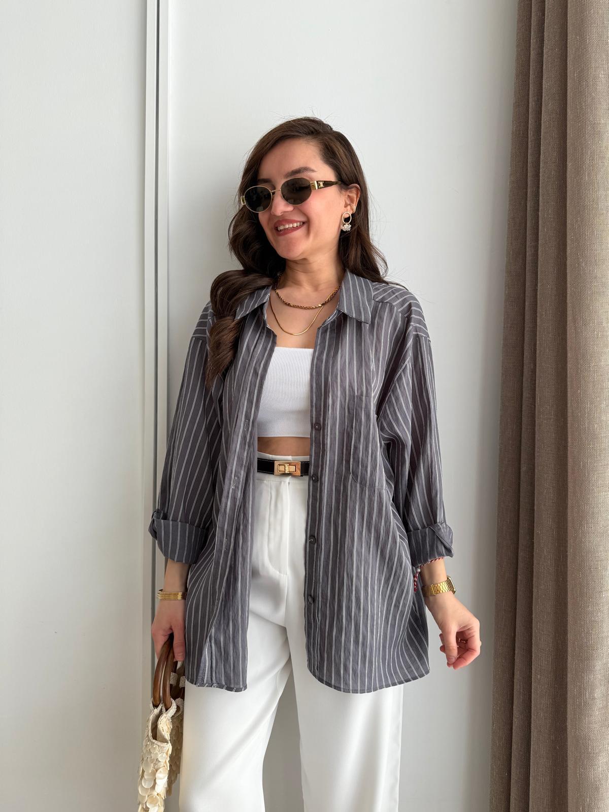 Antrasit Çizgili Oversize Gömlek 5320