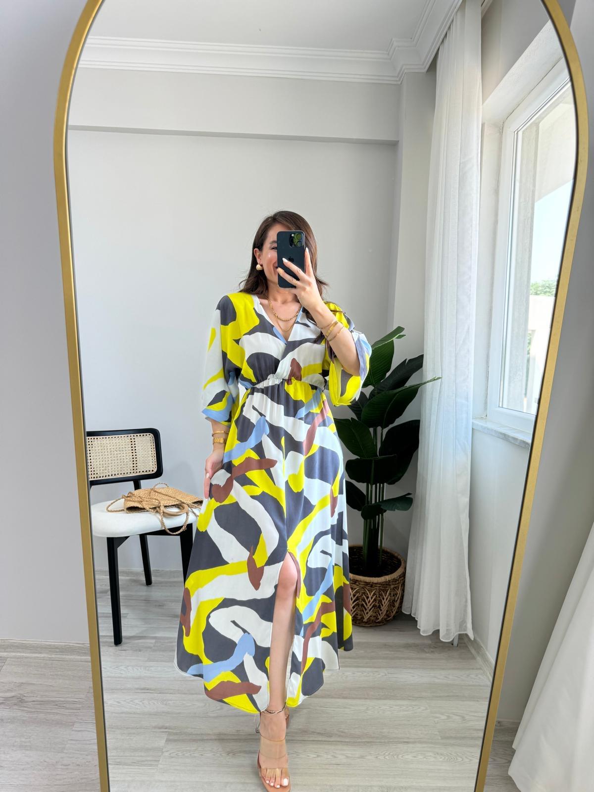 Antrasit Desenli Bel Lastikli Yırtmaç Detaylı Elbise 3003