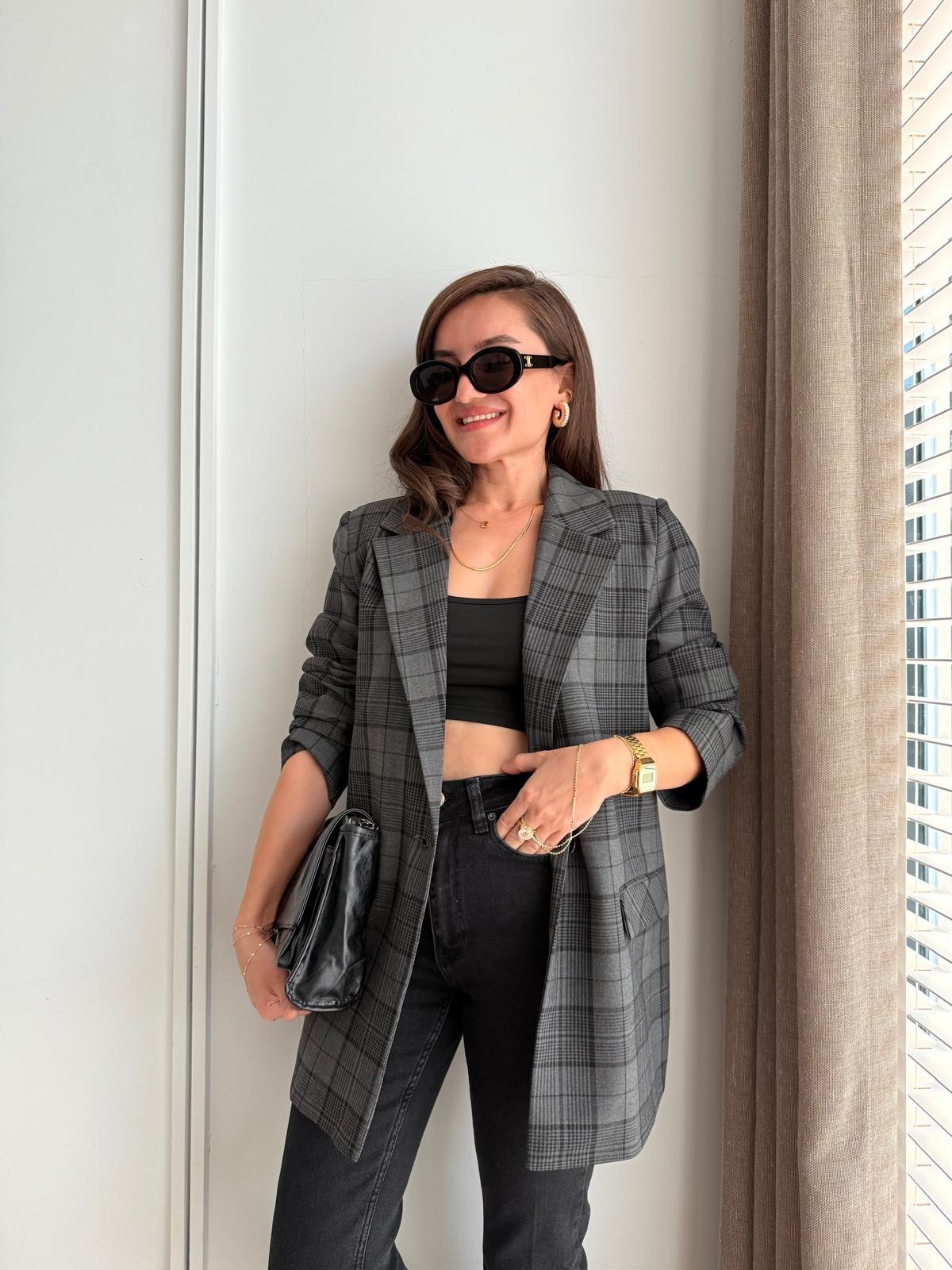 Antrasit Ekose Desen Blazer Ceket 0391