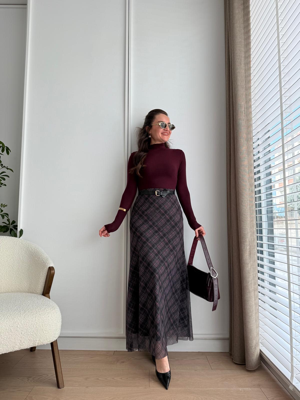 Antrasit Ekose Desen Tül Etek 4065