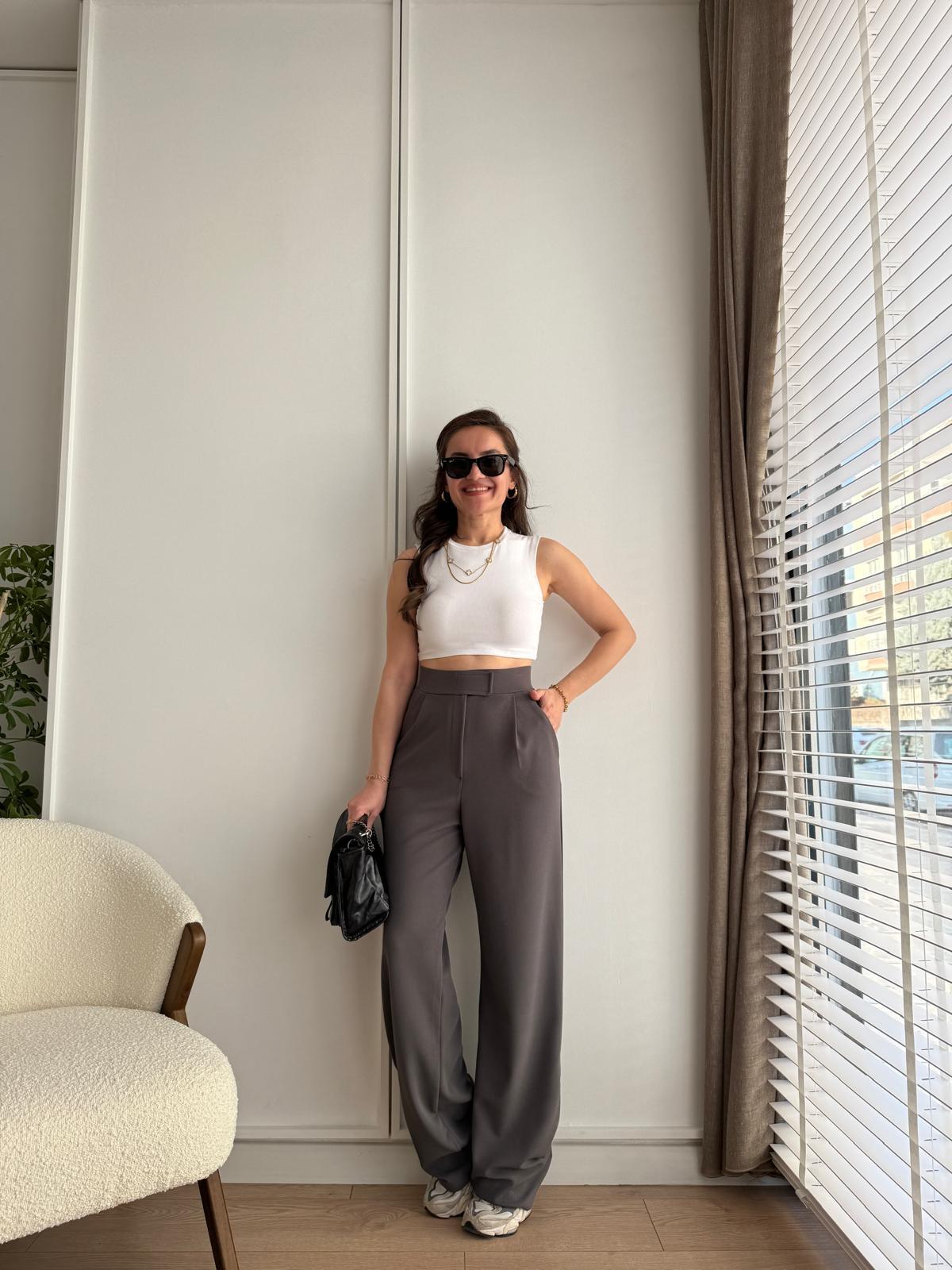 Antrasit Full Likralı Bel Detaylı Palazzo Pantolon 3826