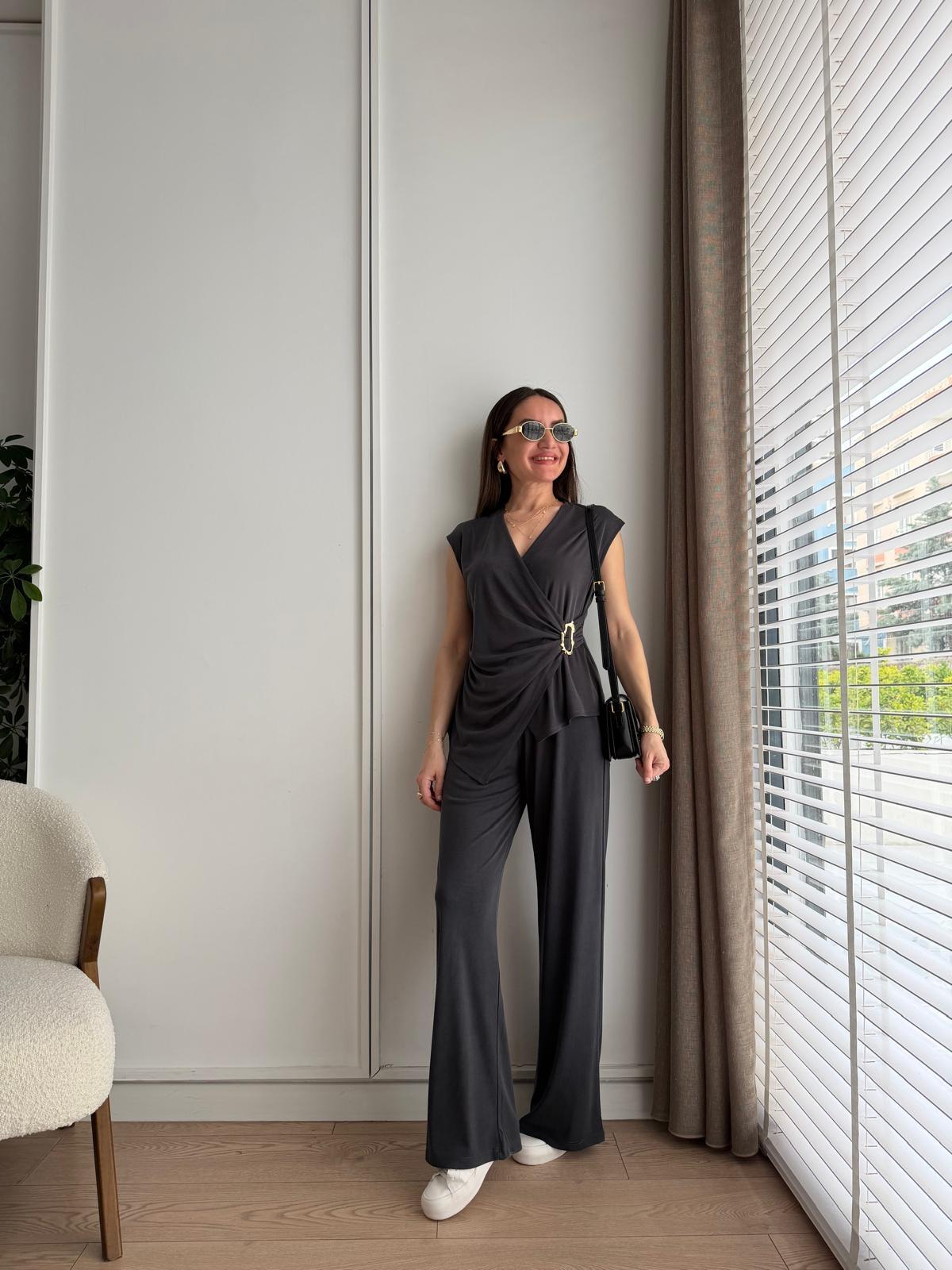Antrasit Gold Tokalı Fitilli Bluz Pantolon Takım 39251
