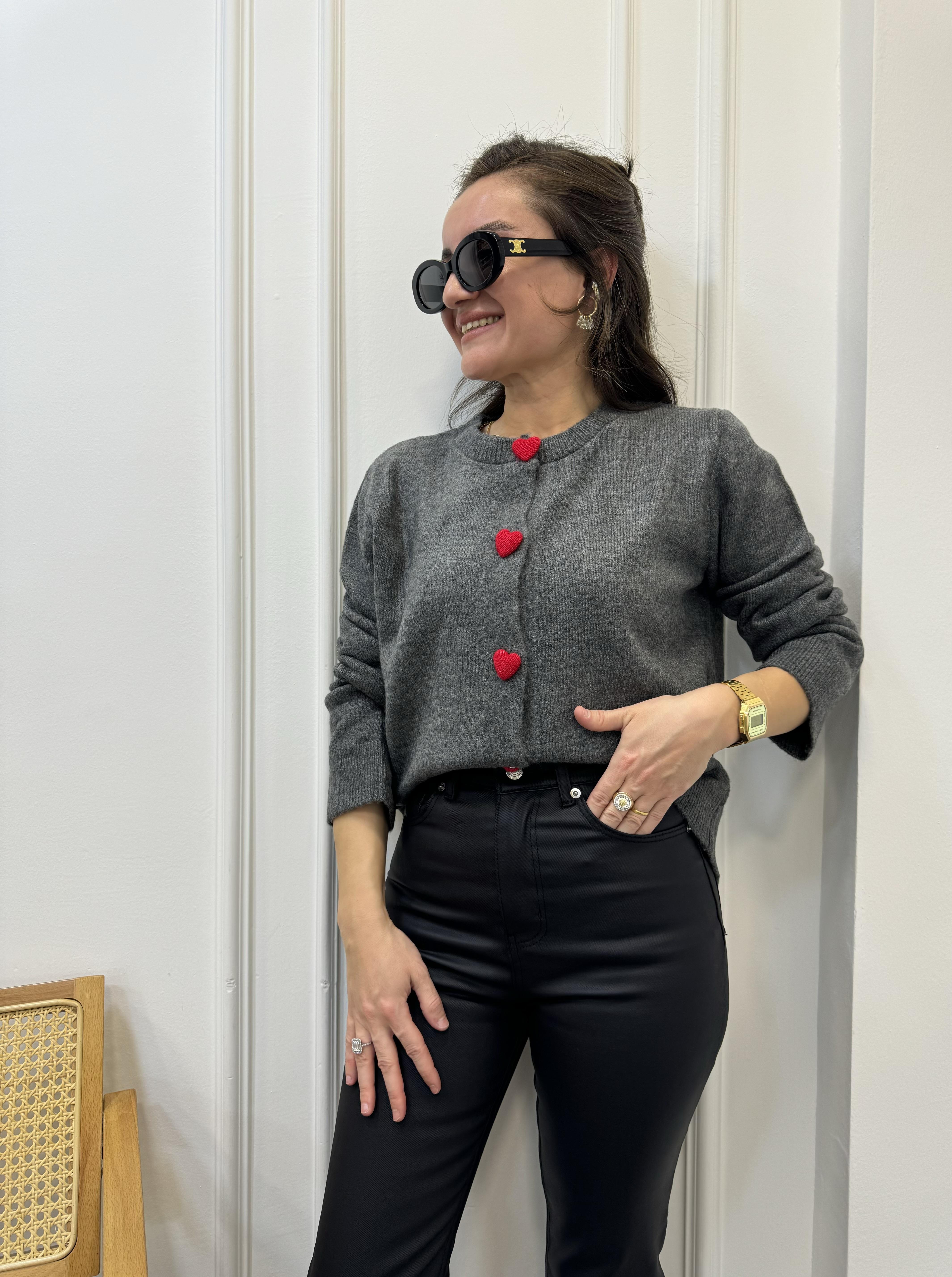 Antrasit Kalp Örme Düğmeli Triko Hırka 241075