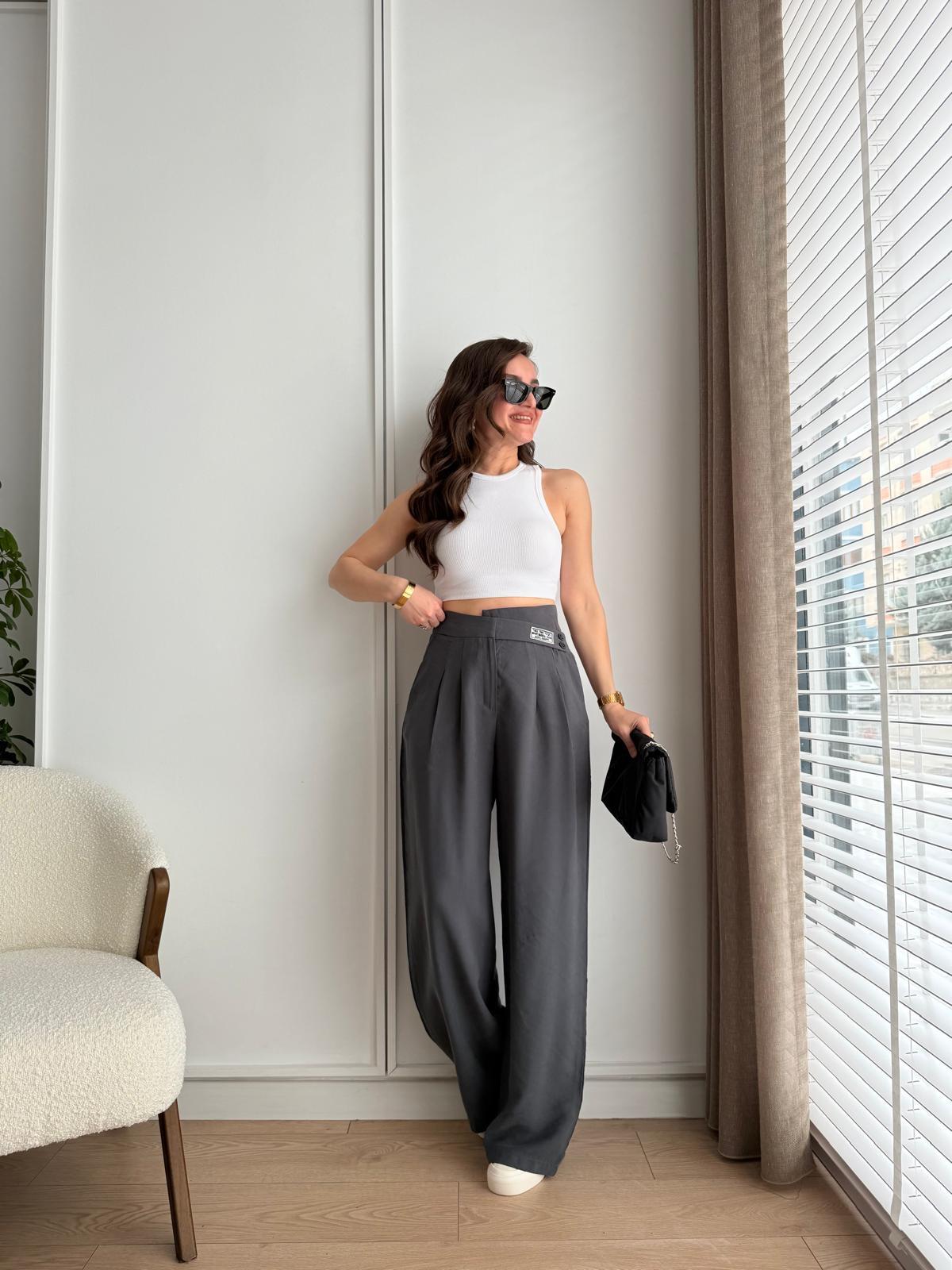 Antrasit Önü Arma Detaylı Palazzo Pantolon 3221