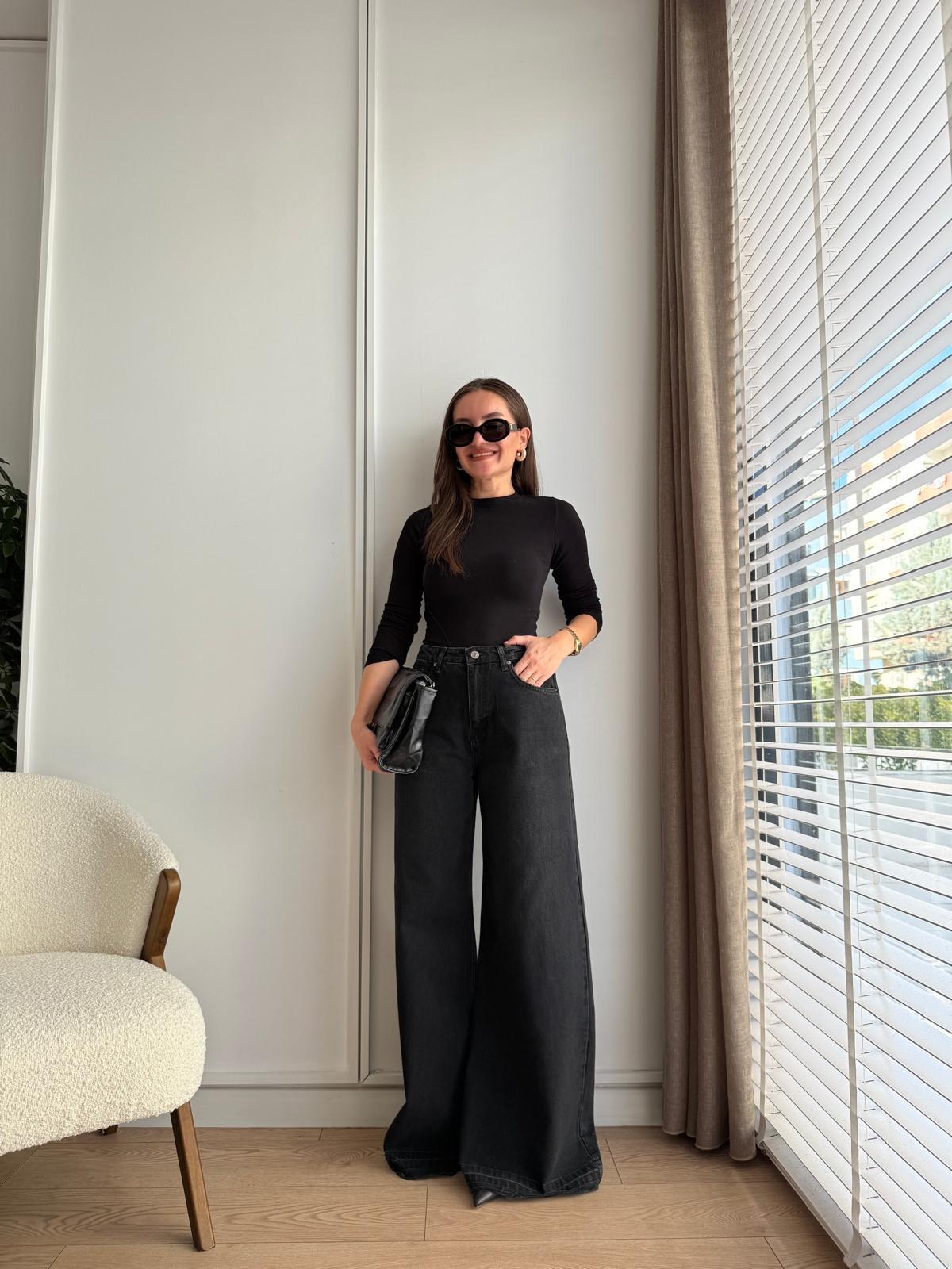 Antrasit Paça Detaylı Geniş Jean 8141