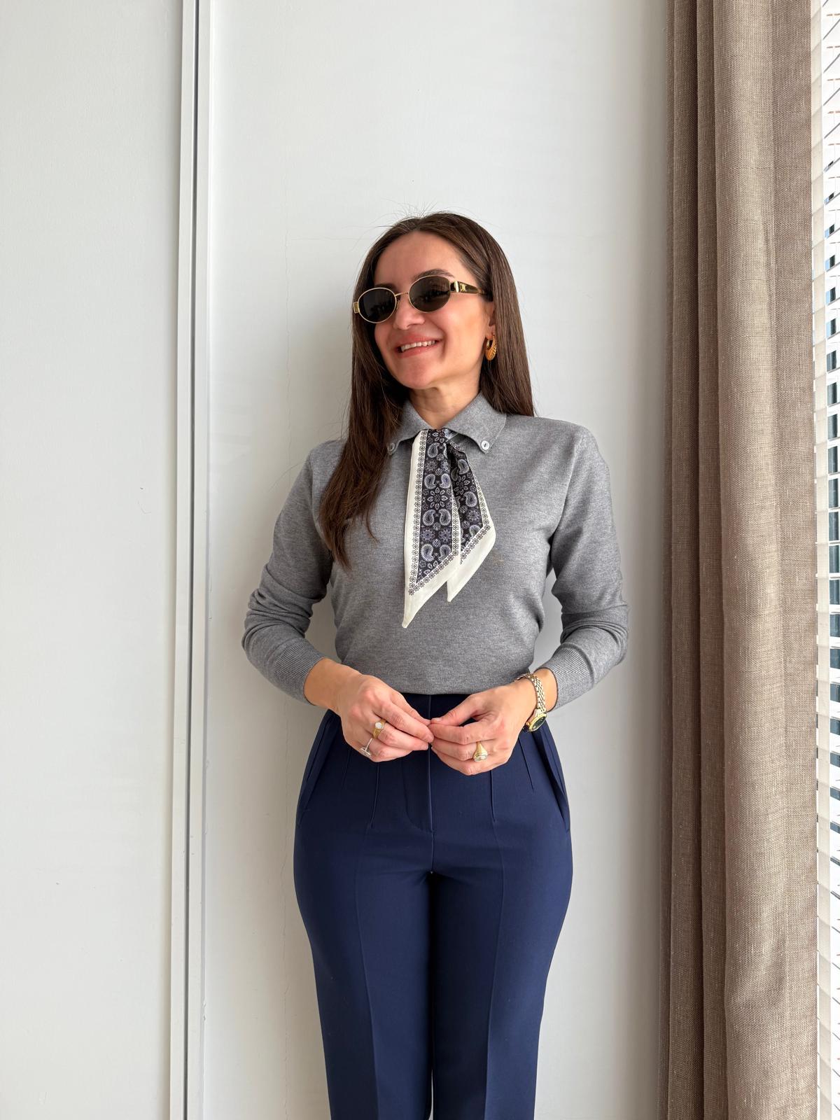 Antrasit Polo Yaka Fular Detaylı Triko Kazak 140518