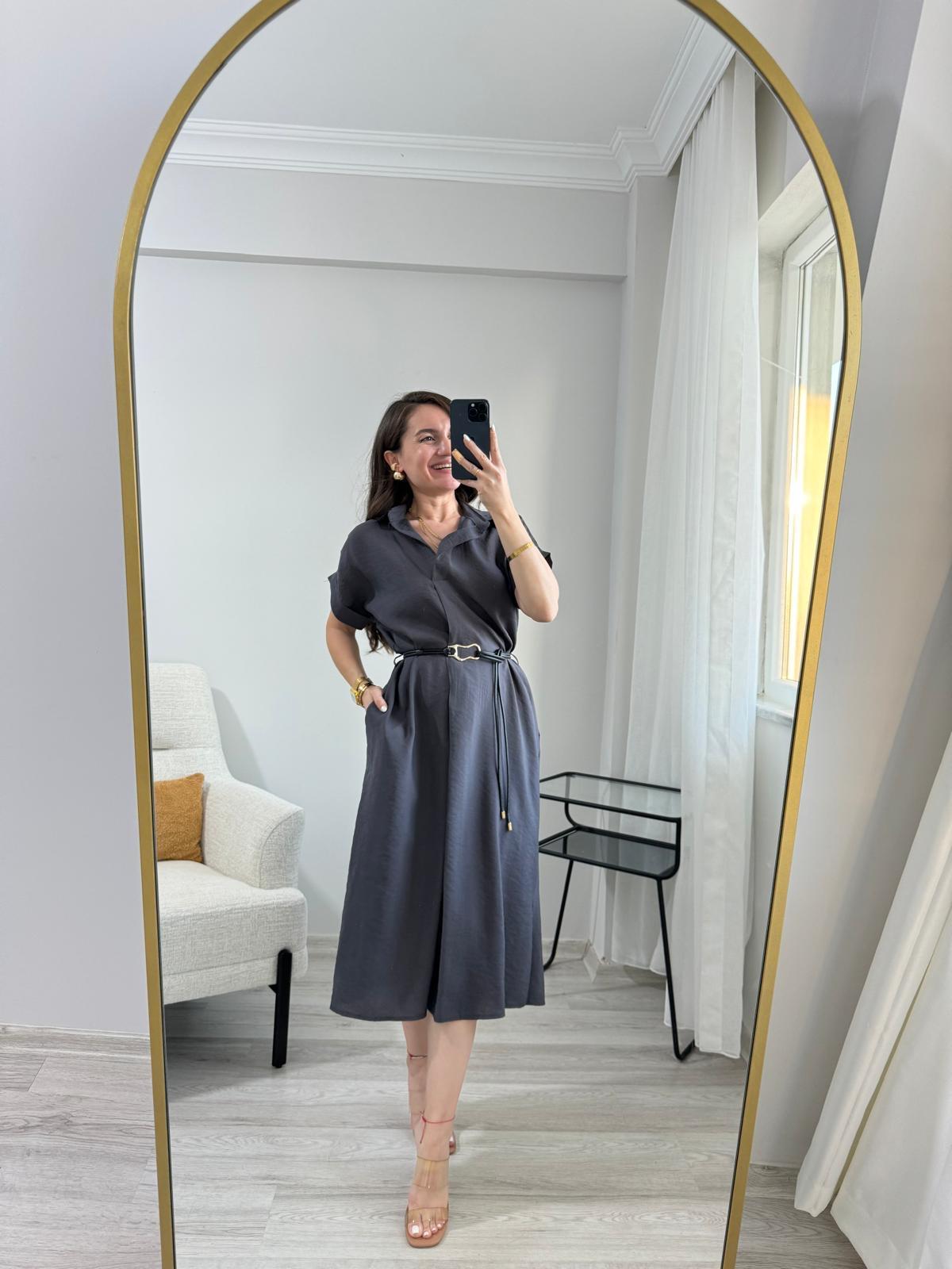 Antrasit Polo Yaka Tensel Kumaş Elbise A10