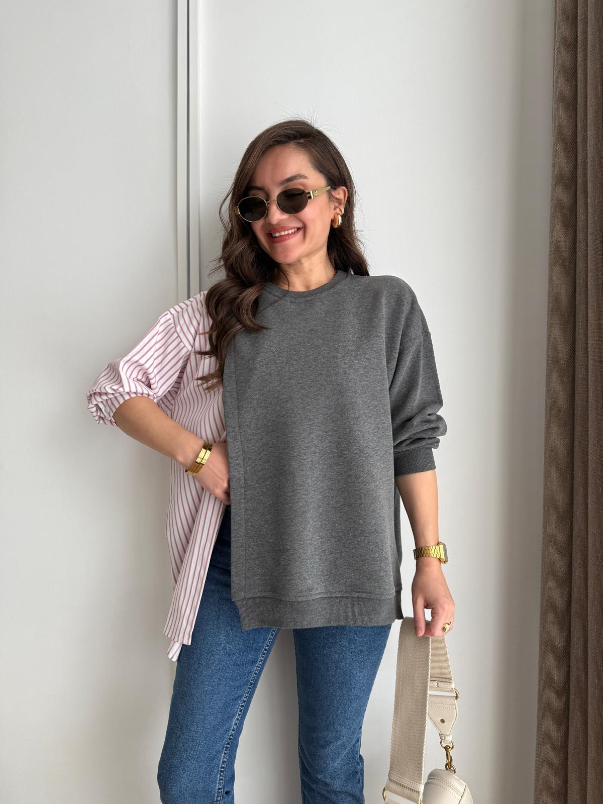 Antrasit Poplin Detay Çizgili Tasarım Sweatshırt 1346