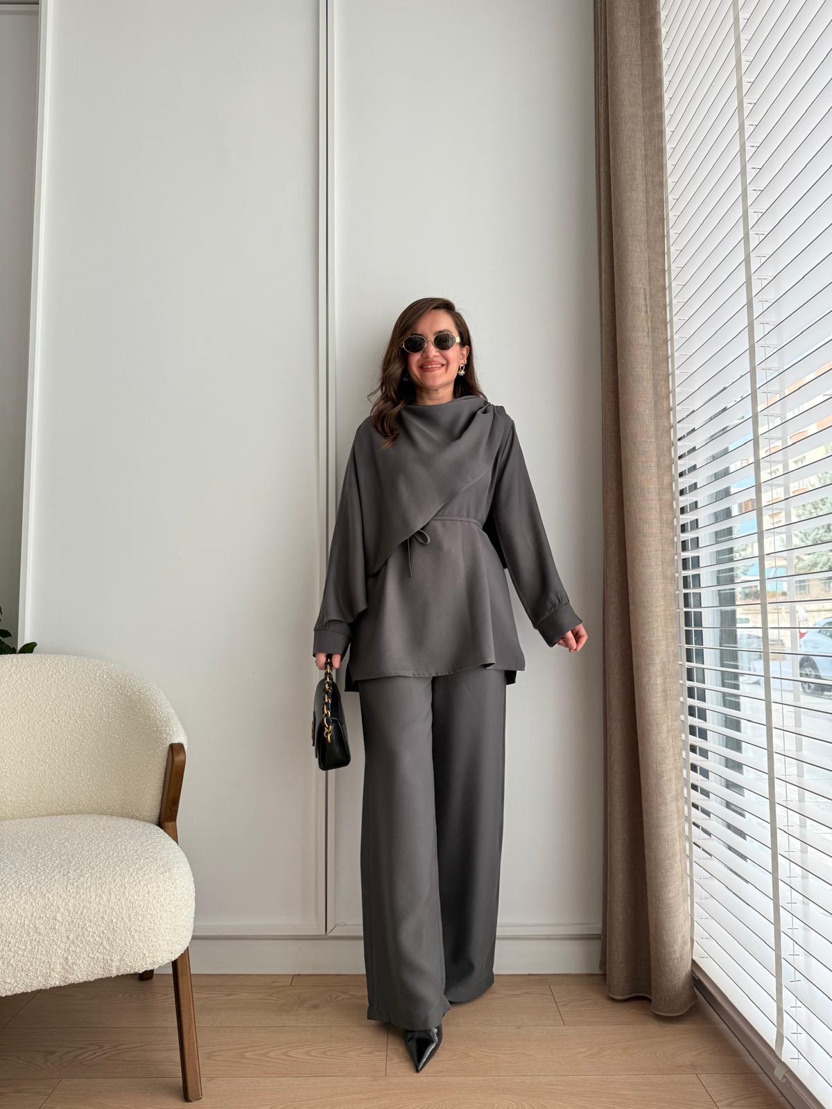 Antrasit Şal Yaka Tasarım Bluz Pantolon Takım 8625