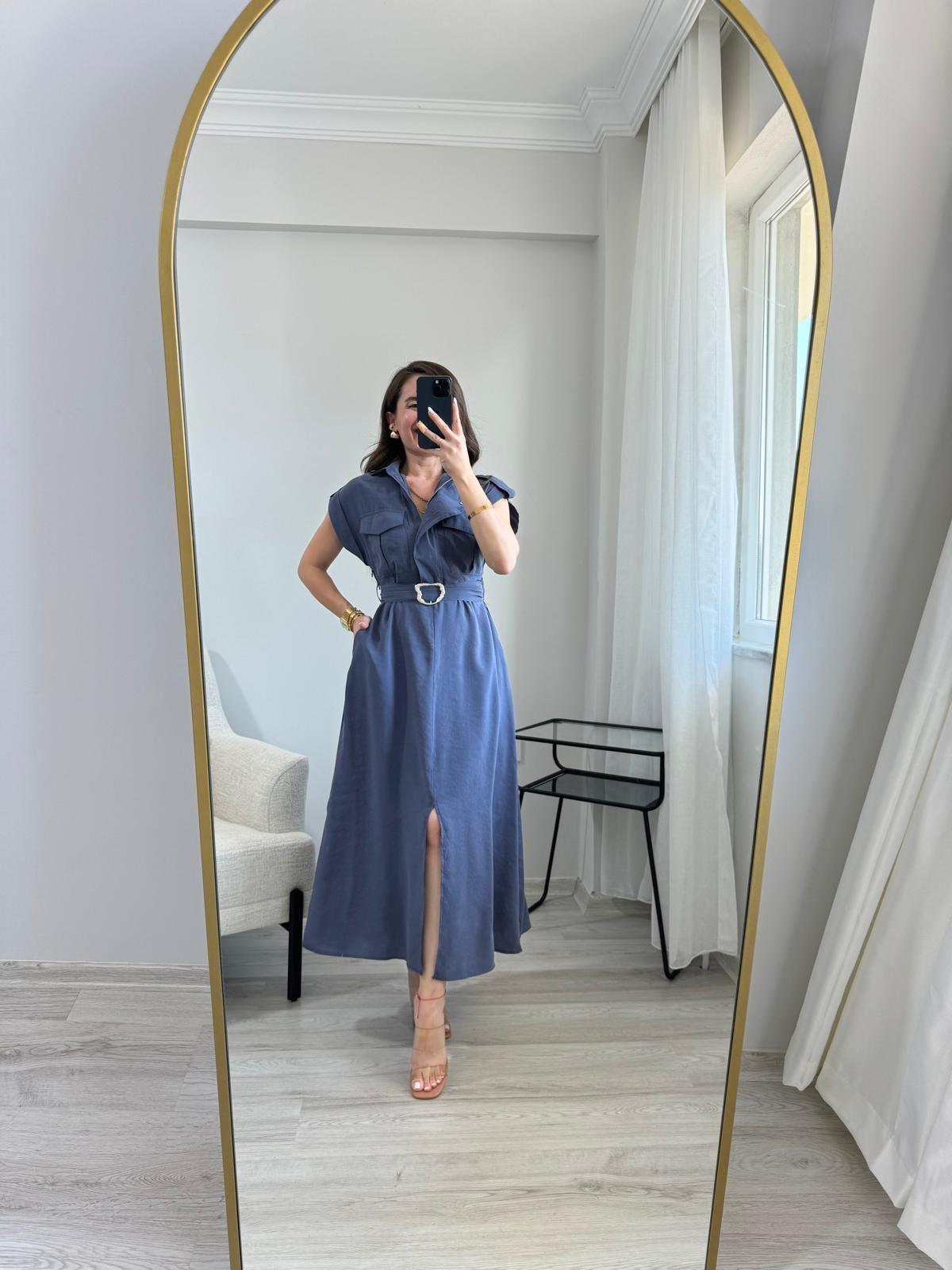 Antrasit Tensel Kumaş Ön Cep Detaylı Kuşaklı Elbise 4228