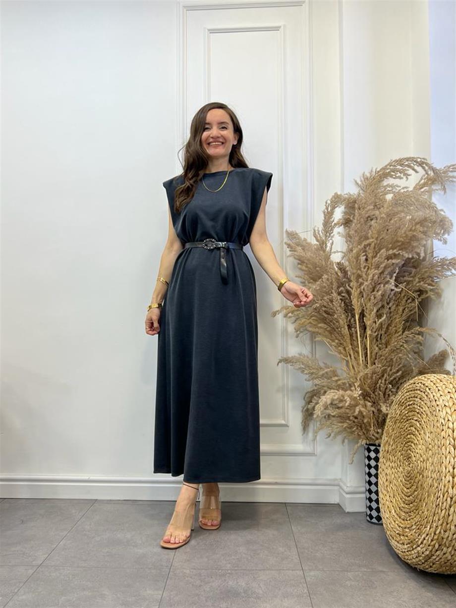 Antrasit Vatkalı Sıfır Kol Elbise 3148