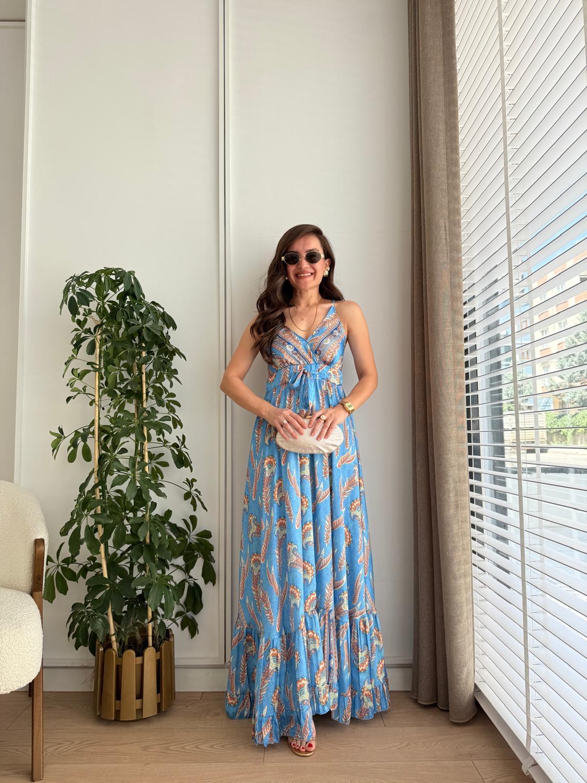 Bebe mavisi Askılı Lüx Kalite Tasarım Saten Elbise 36095