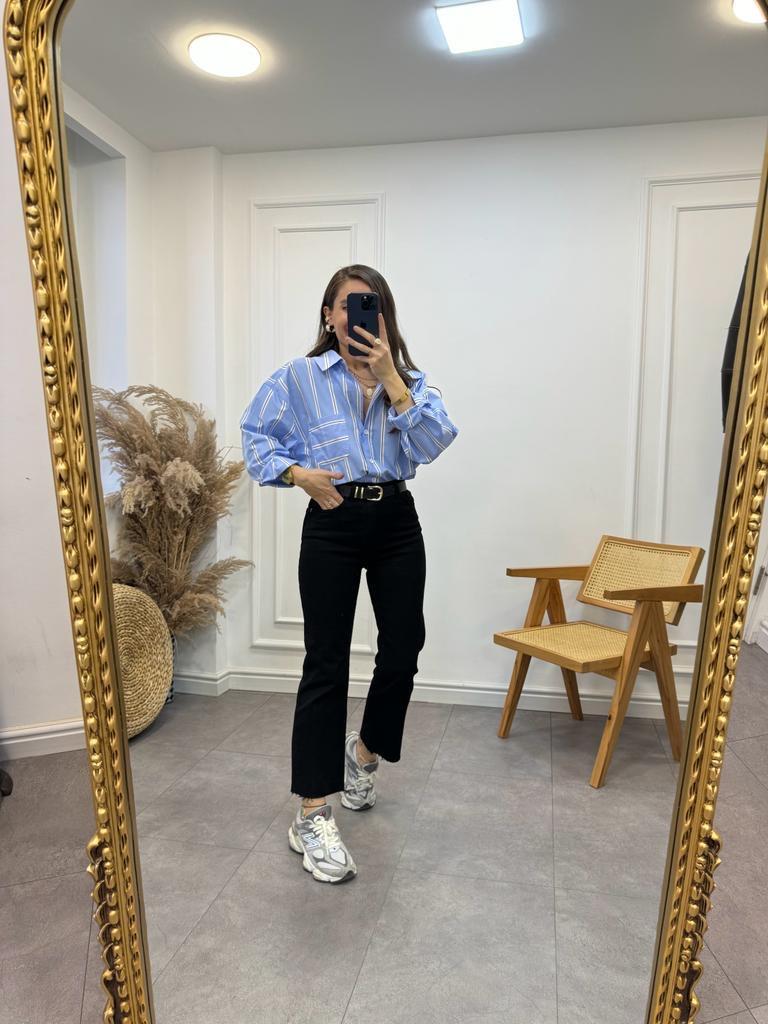 Bebe Mavisi Çizgili Oversize Tek Cep Gömlek 3067