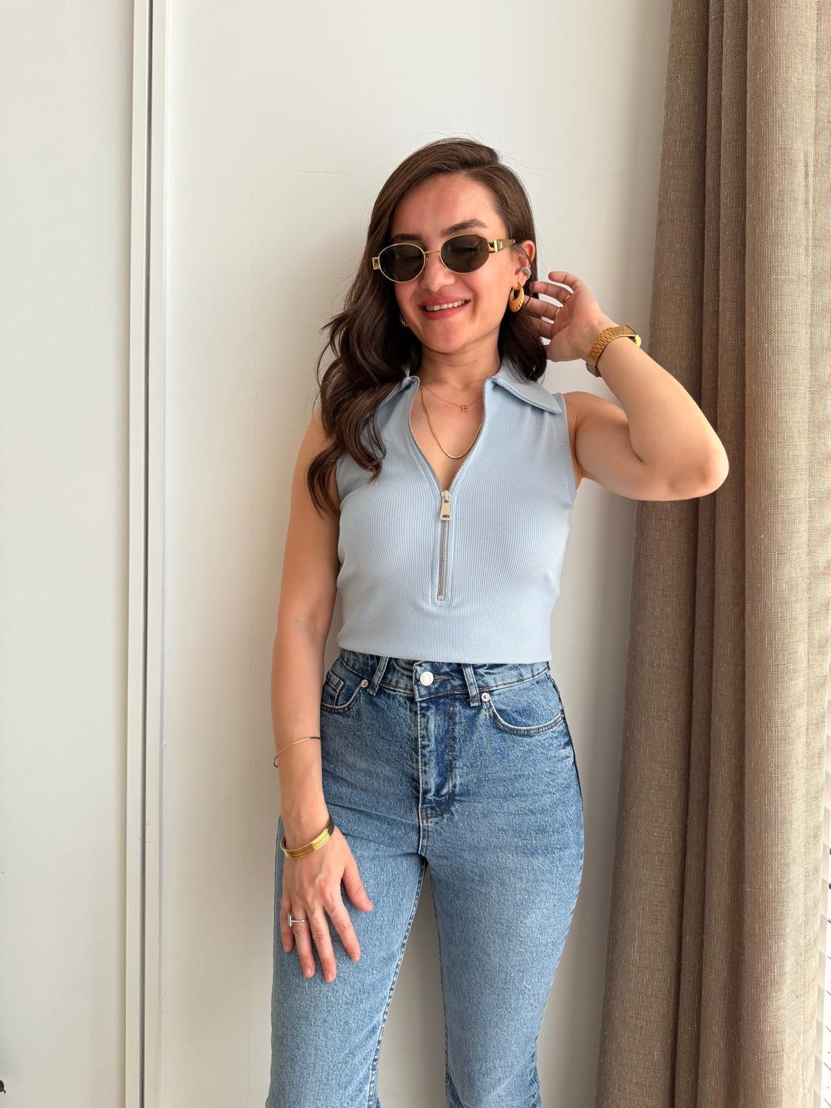 Bebe mavisi Fermuarlı Polo Yaka Bluz 251023