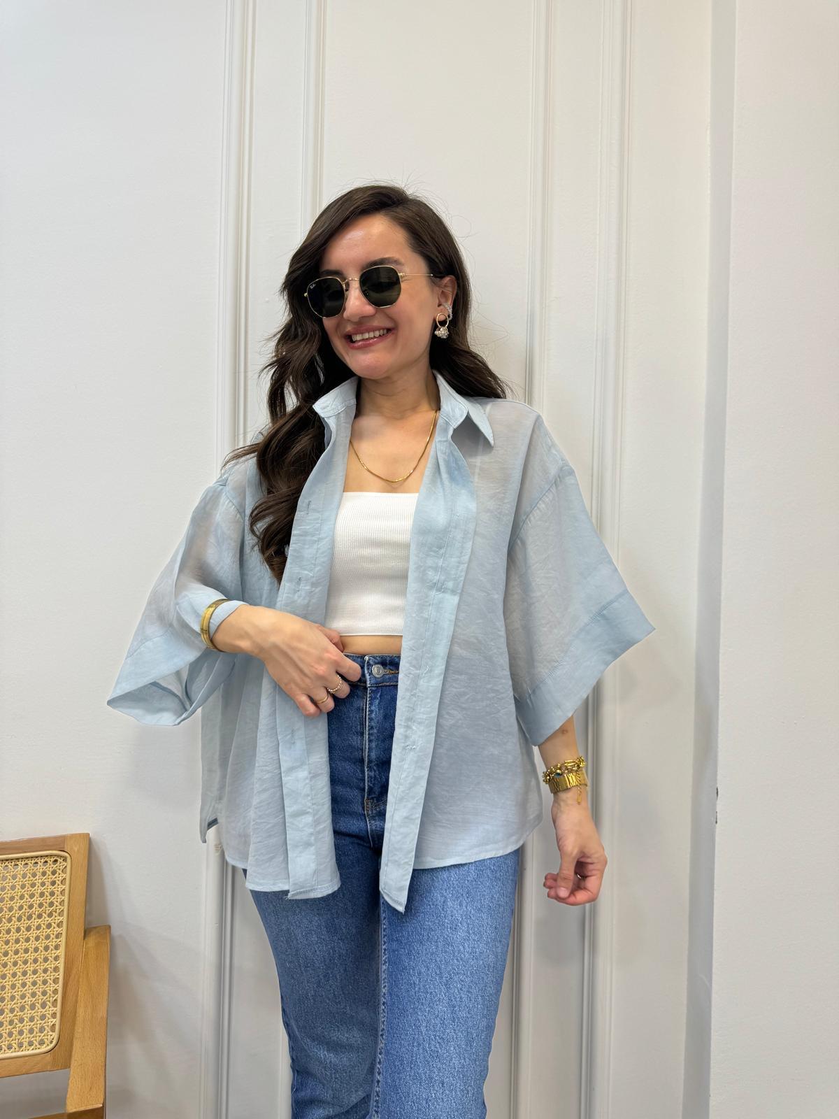Bebe mavisi İpek Kumaş Kısa Kollu Gömlek 4927