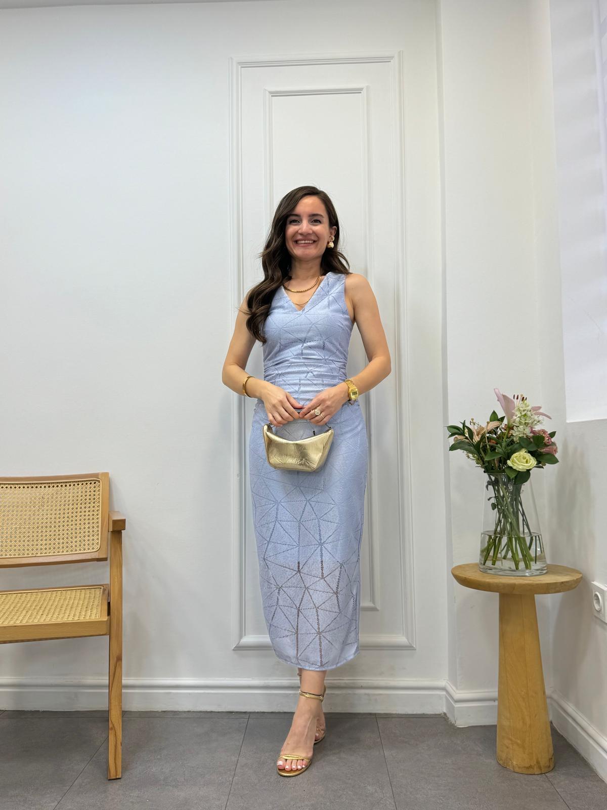 Bebe mavisi Ön Arka V Yaka Astarlı Dantel Elbise 3497