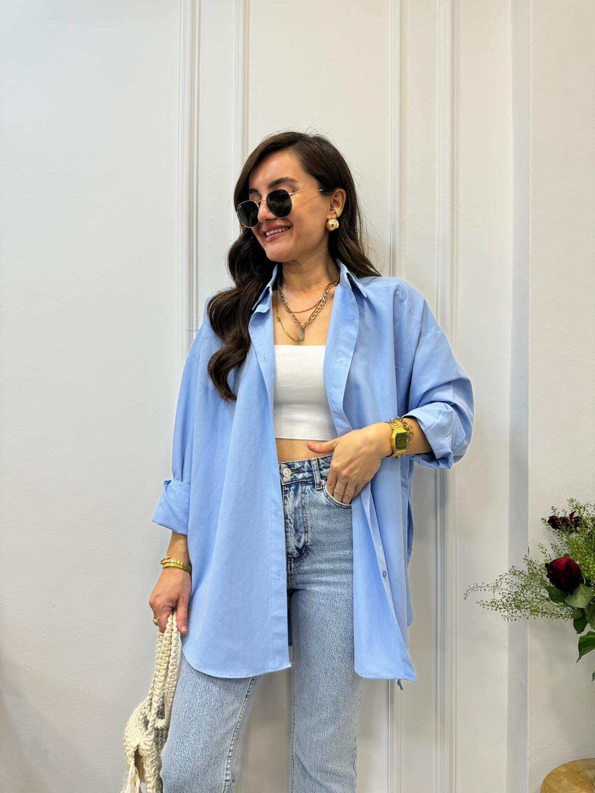 Bebe mavisi Yan Bağlamalı Oversize Gömlek 197