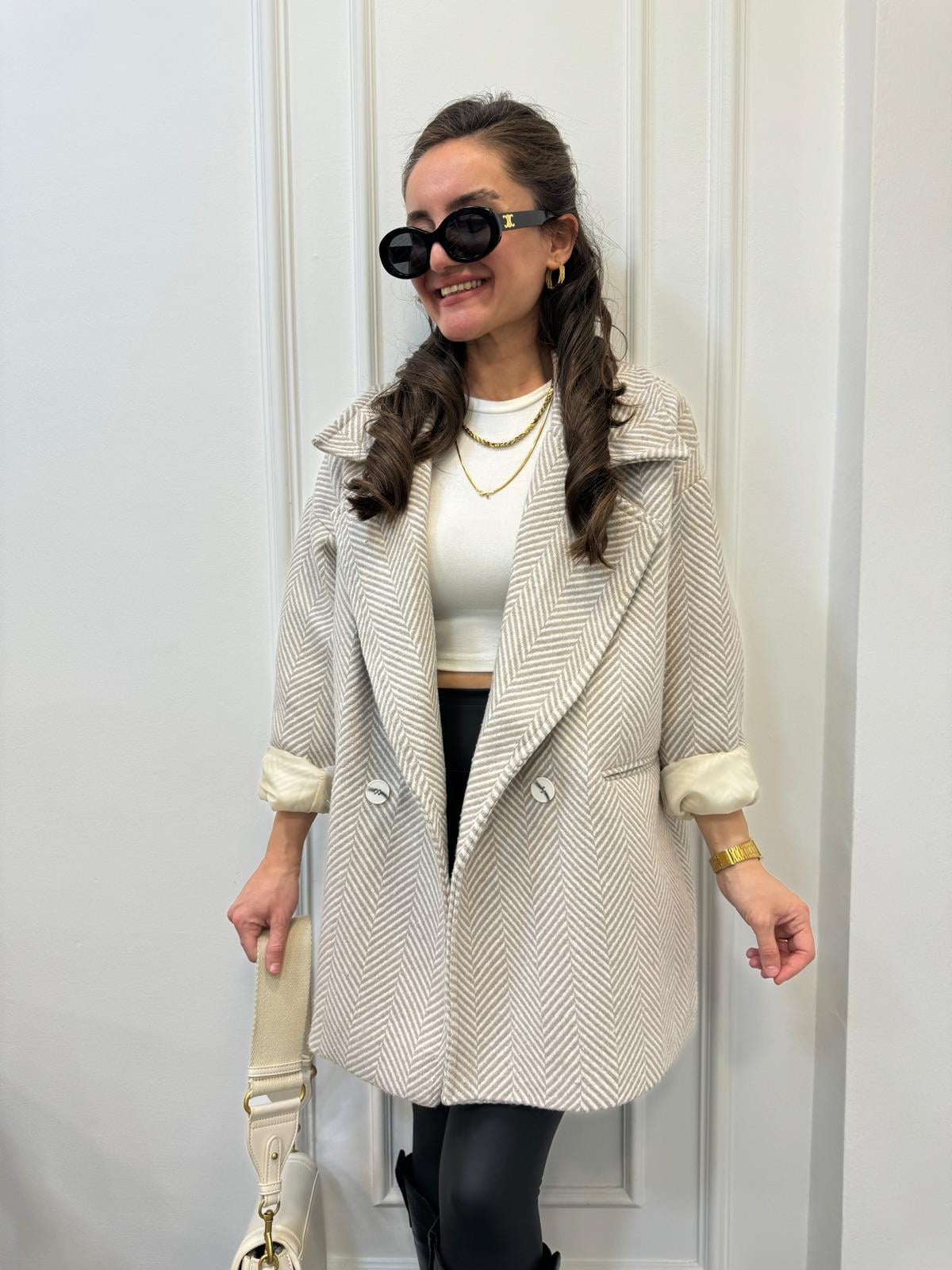 Bej Balık Sırtı Oversize Astarlı Kaban 9252