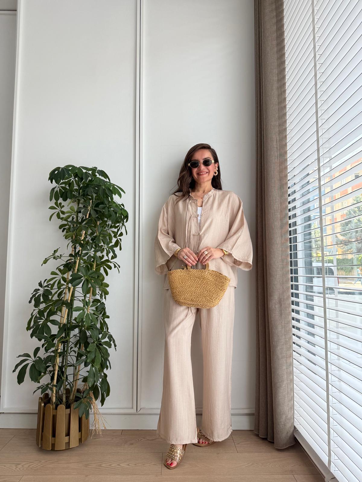 Bej Bambu Kumaş Paçası Yırtmaçlı Pantolon Kimono Takım 0614