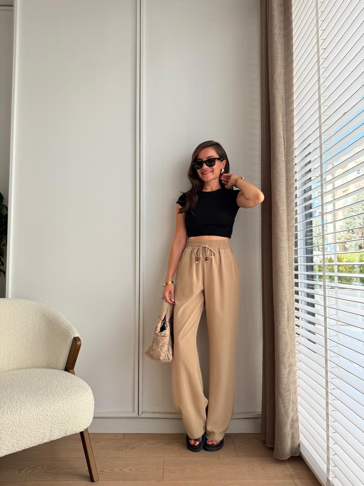 Bej Bel Lastikli Tensel Palazzo Pantolon 3280