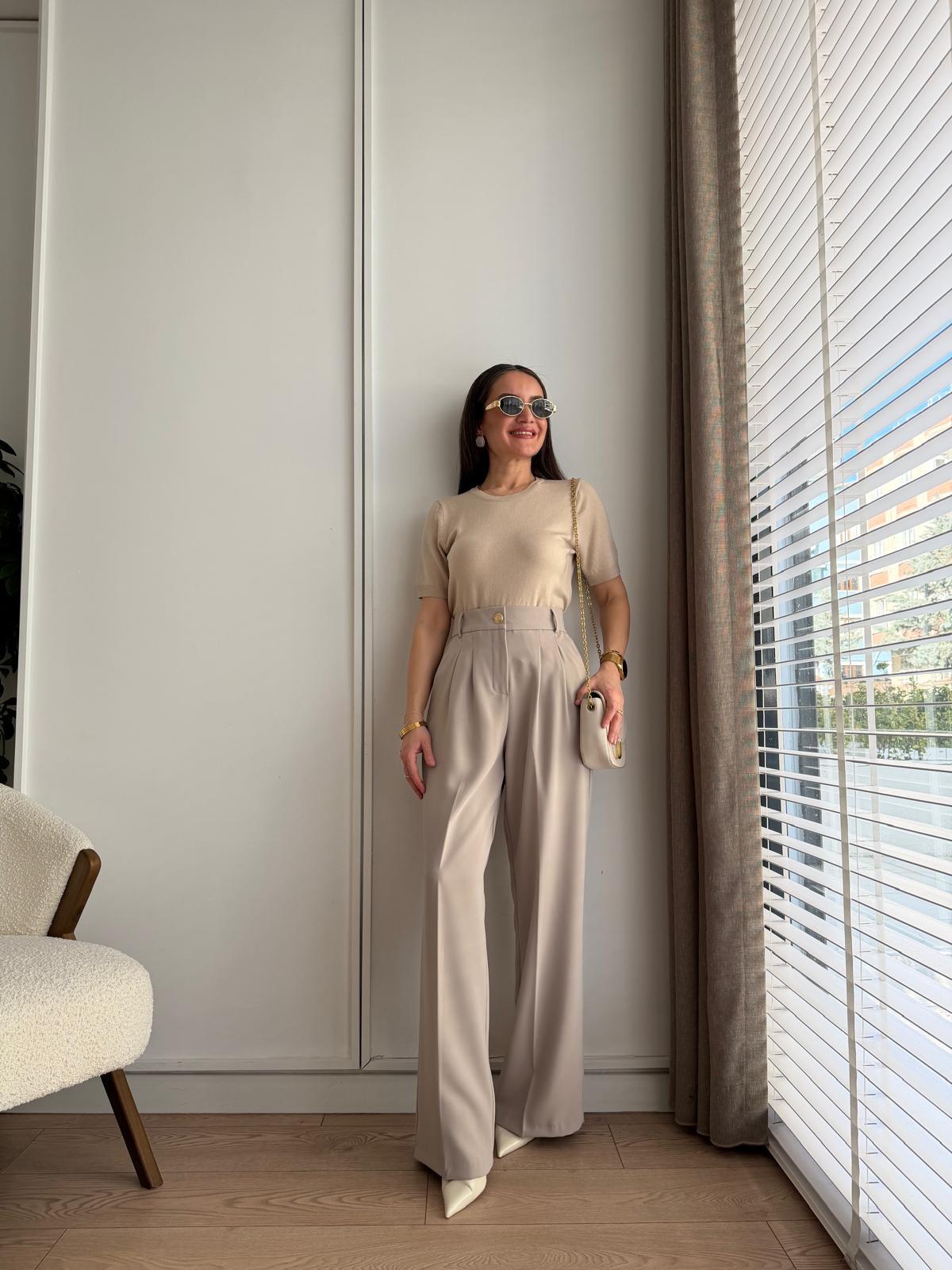 Bej Beli Lastikli Gold Düğmeli Palazzo Pantolon KA4386