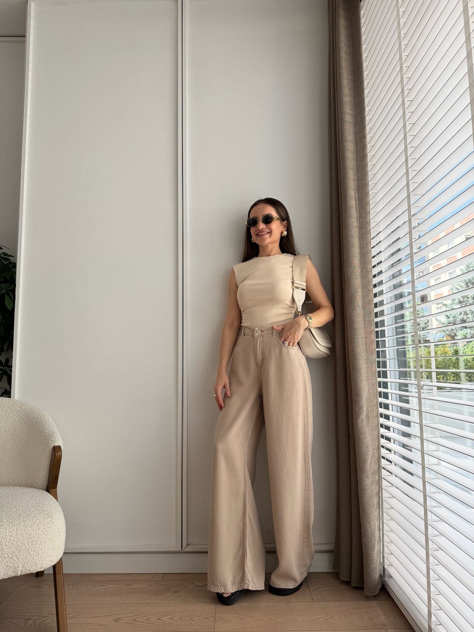 Bej Beli Lastikli Tensel Palazzo Jean 1071
