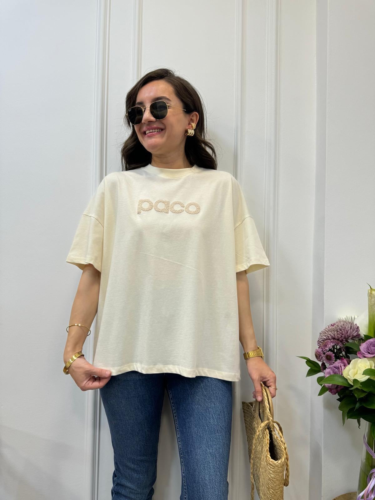 Bej Bisiklet Yaka Paco Yazı Baskılı Tişört 241058