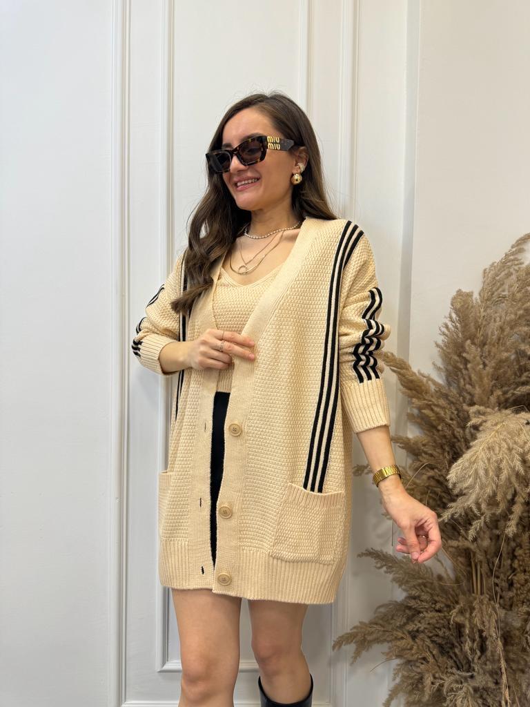Bej Çizgili Crop Hırka Takım 0023