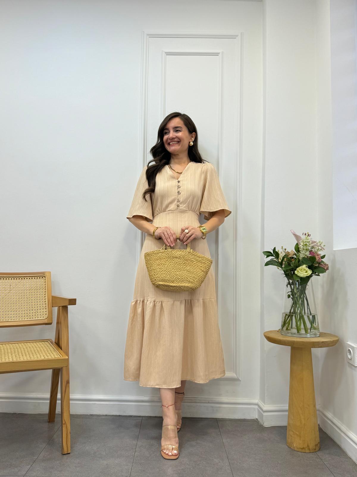 Bej Düğmeli Bel Bağlama Detaylı Elbise 3524