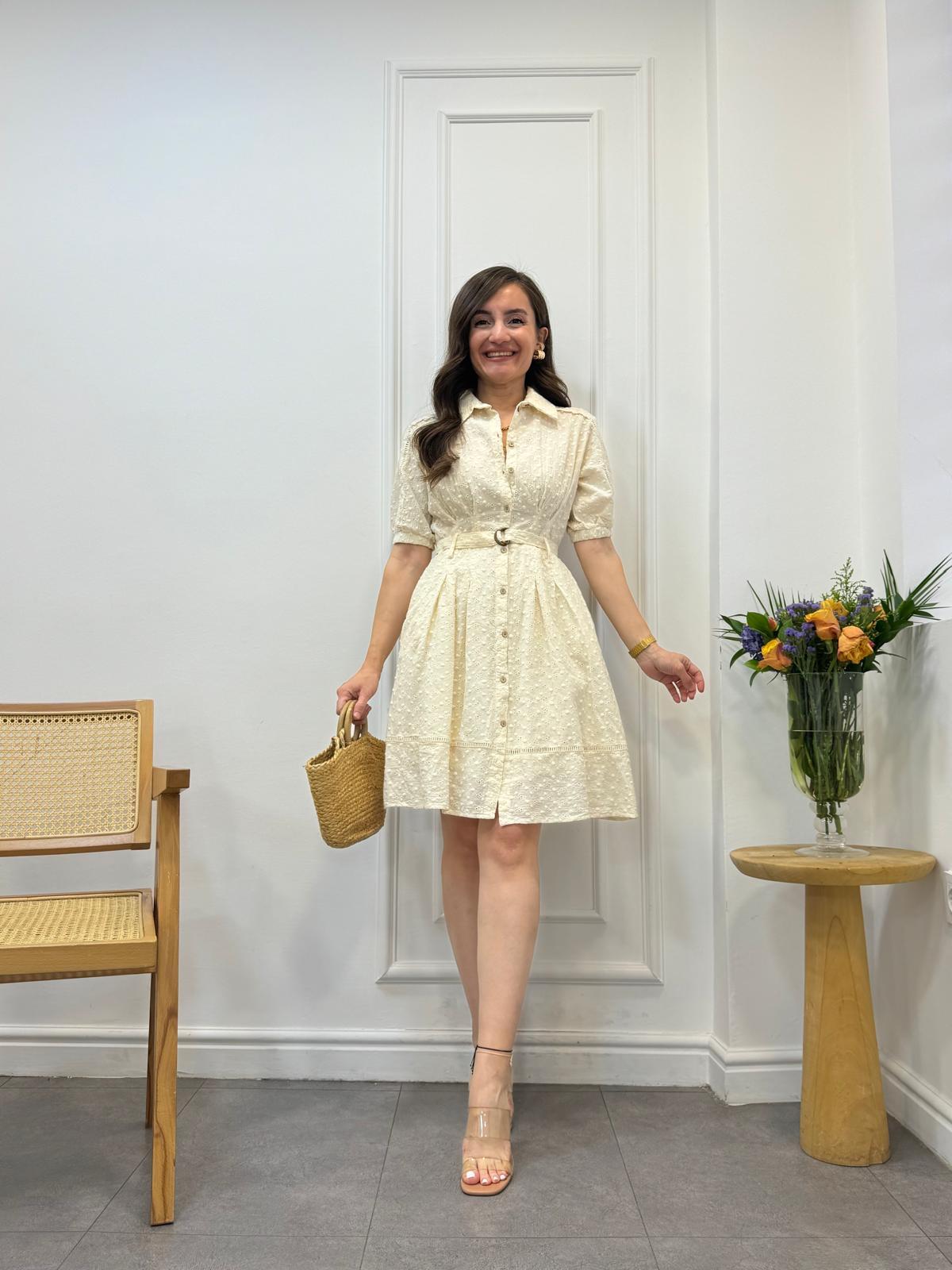 Bej Eteği Piliseli Kemerli Balon Kol Gübür Elbise 24019