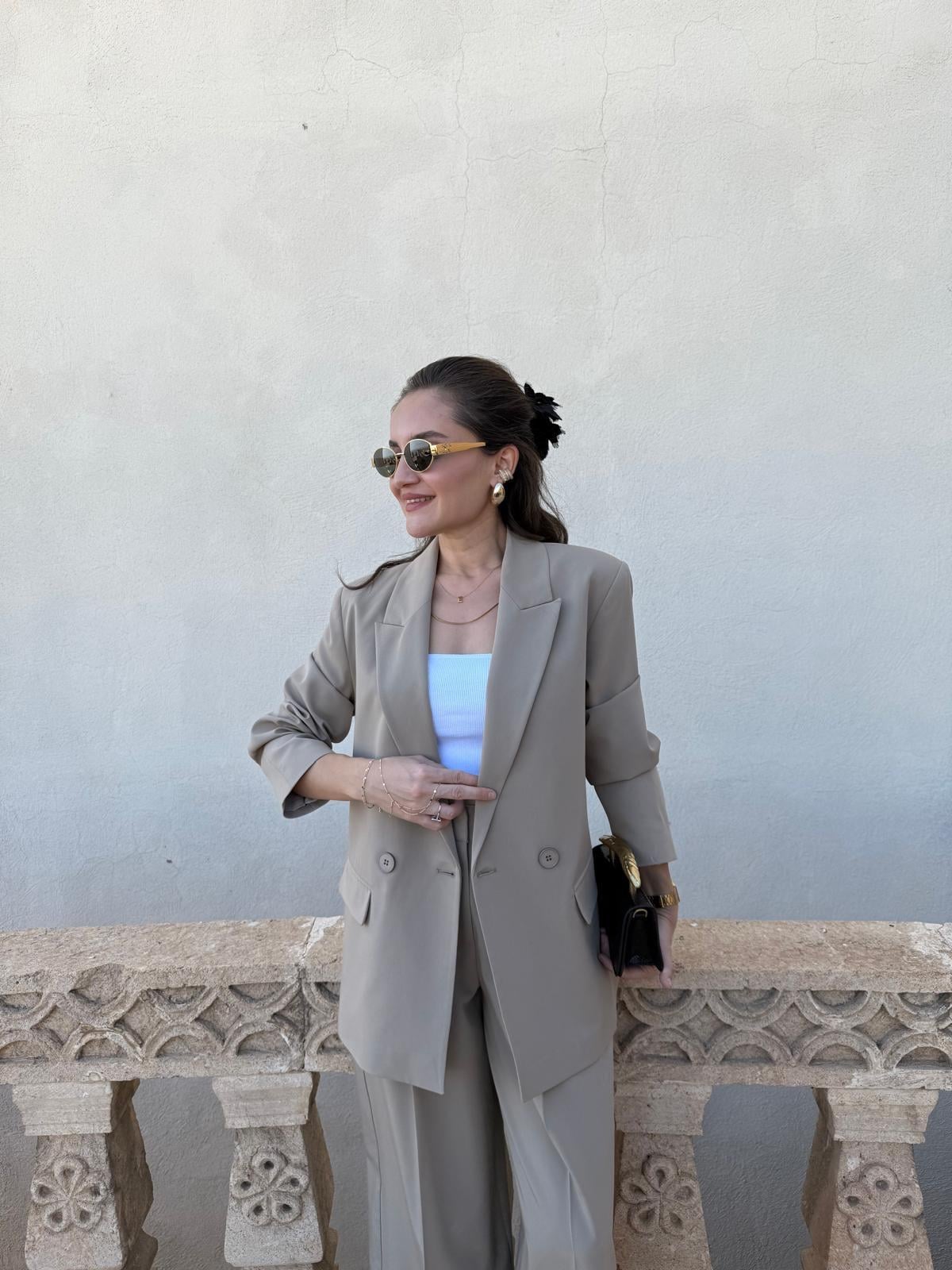 Bej Kruvaze Yaka Vatkalı Blazer Ceket 60767